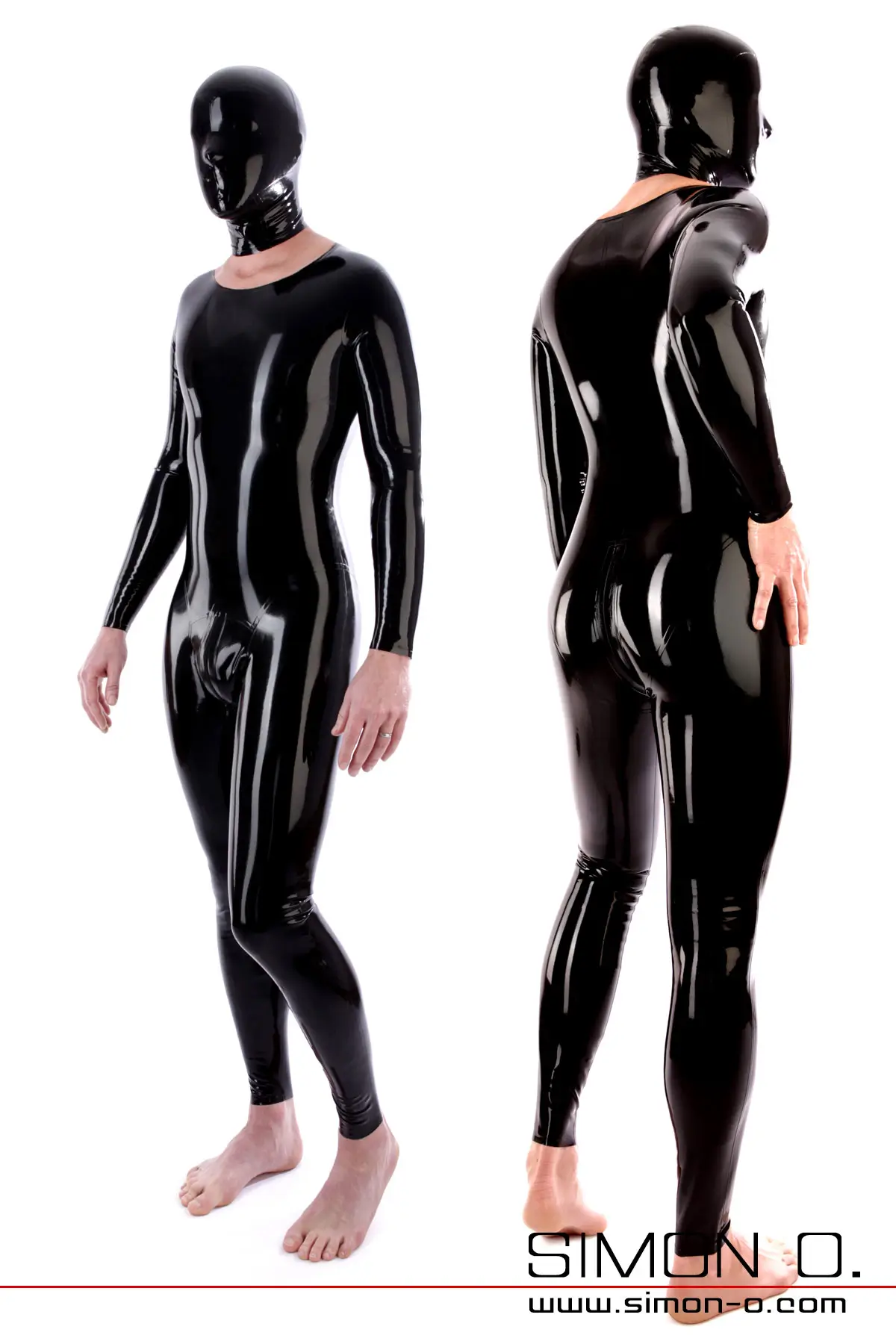 Eine Mann trägt einen figurbetonten Latex-Catsuit in glänzenden Schwarz mit Latex Maske. Zwei Darstellungen jeweils seitlich von vorne und von hinten.
