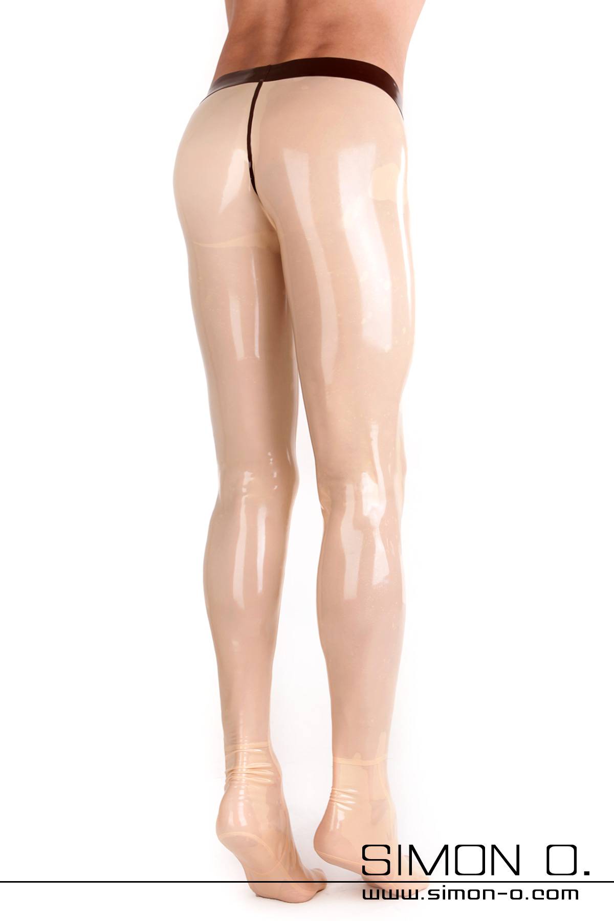 Men's Latex Pantyhose with Fly Opening A man wears shiny skin-coloured latex tights with a contrasting coloured waistband seen from behind.