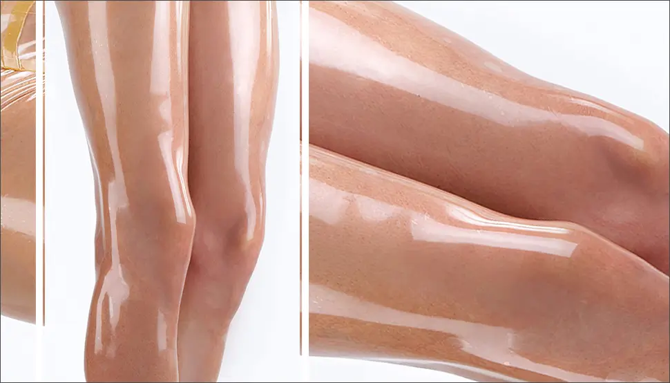 Legs in transparent wet shiny latex. Special attention to the extreme wet look.