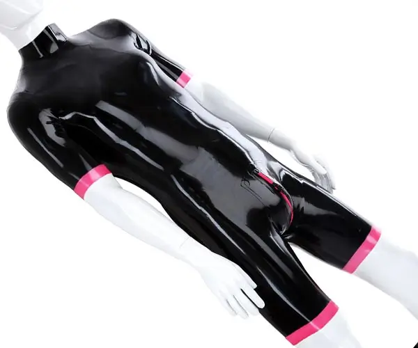 Latex bodysuit short sleeve in black with contrasting colour for men.
