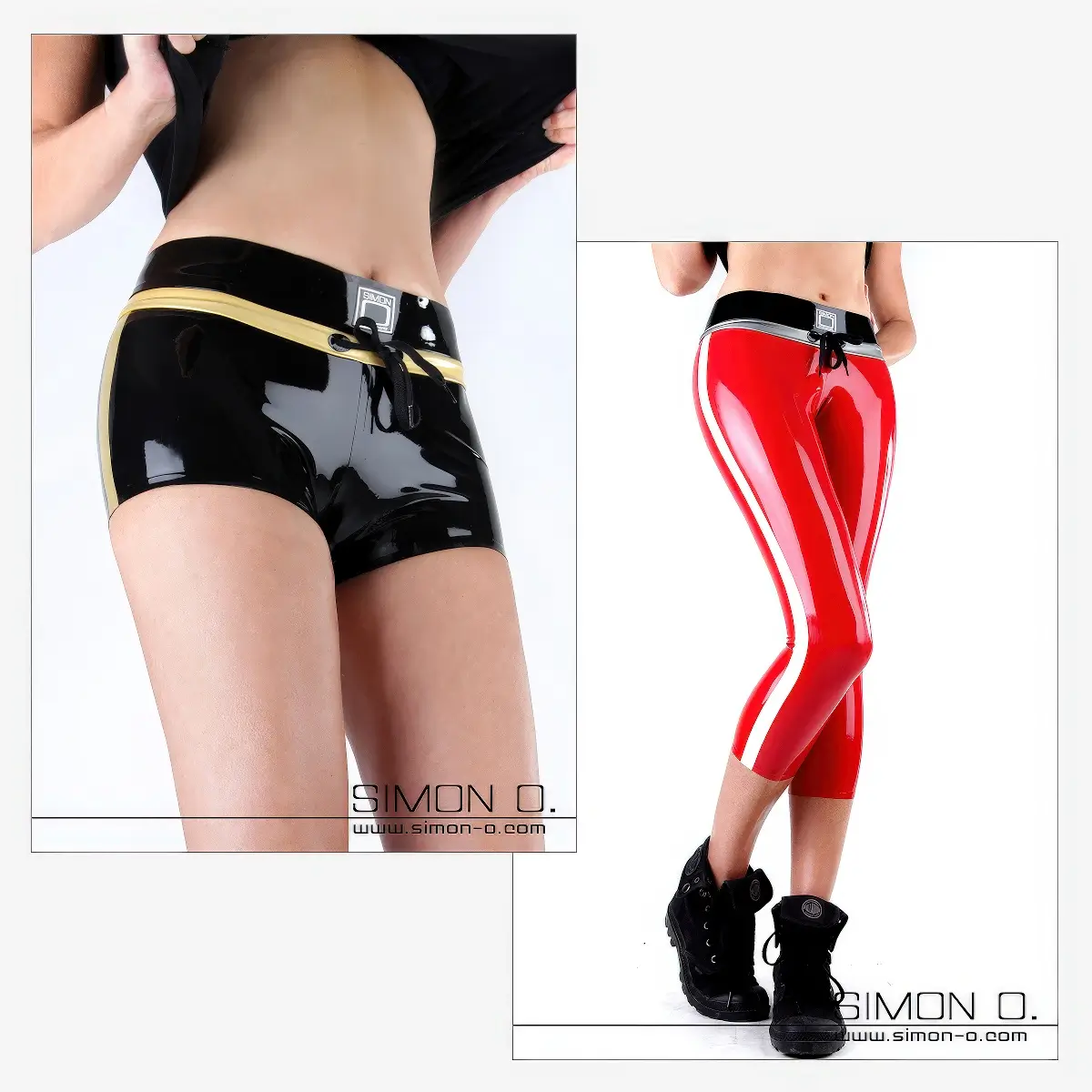Zwei Bilder zeigen eine Person in Latex-Hotpants mit goldenen Streifen und Schnalle und roten Capri-Leggings mit weißen Streifen