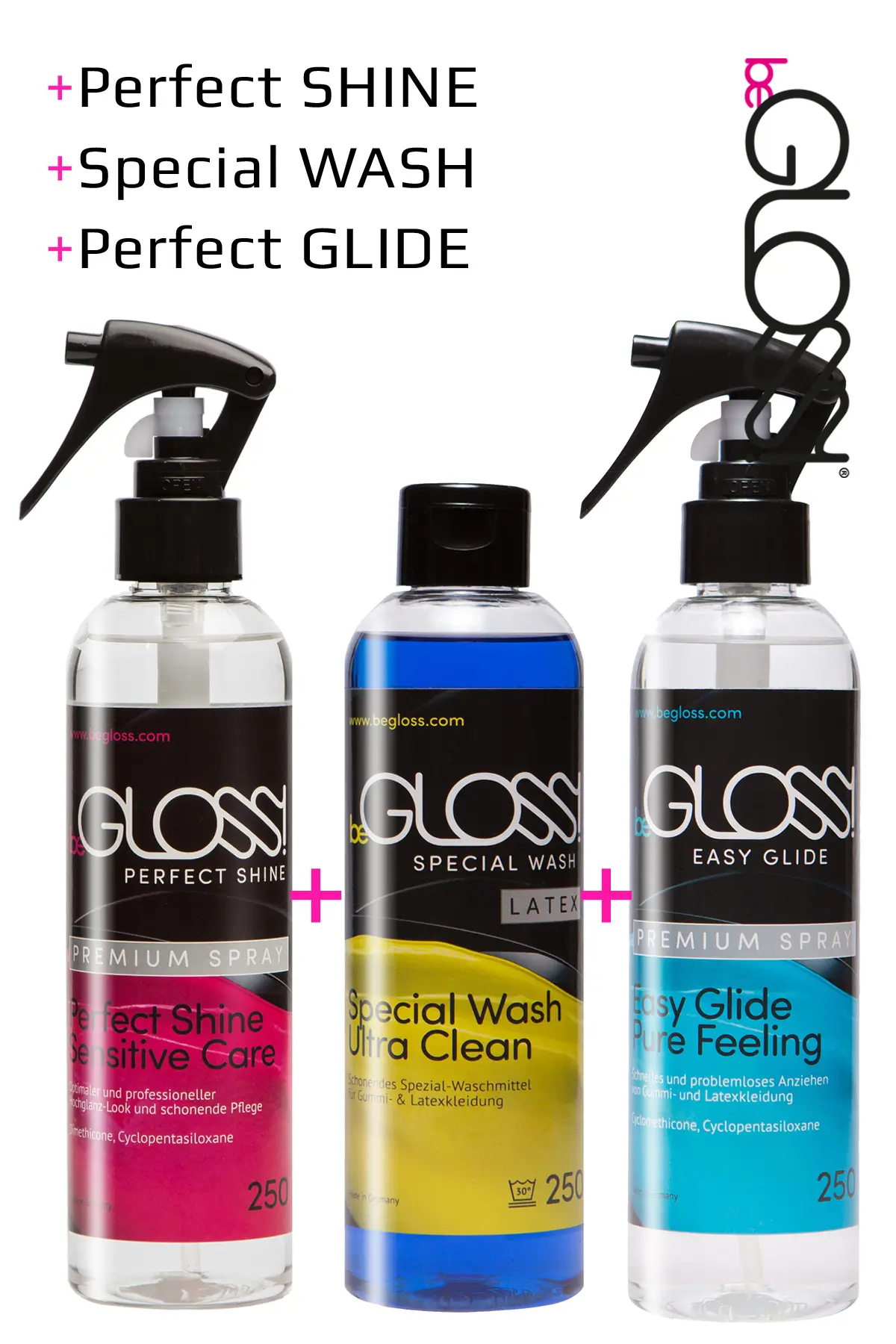 Kit d'entretien latex de beGloss en vaporisateur Kit d'entretien pour les vêtements en latex de beGloss comprenant une lessive, une aide à l'enfilage et un polish pour latex dans un vaporisateur.