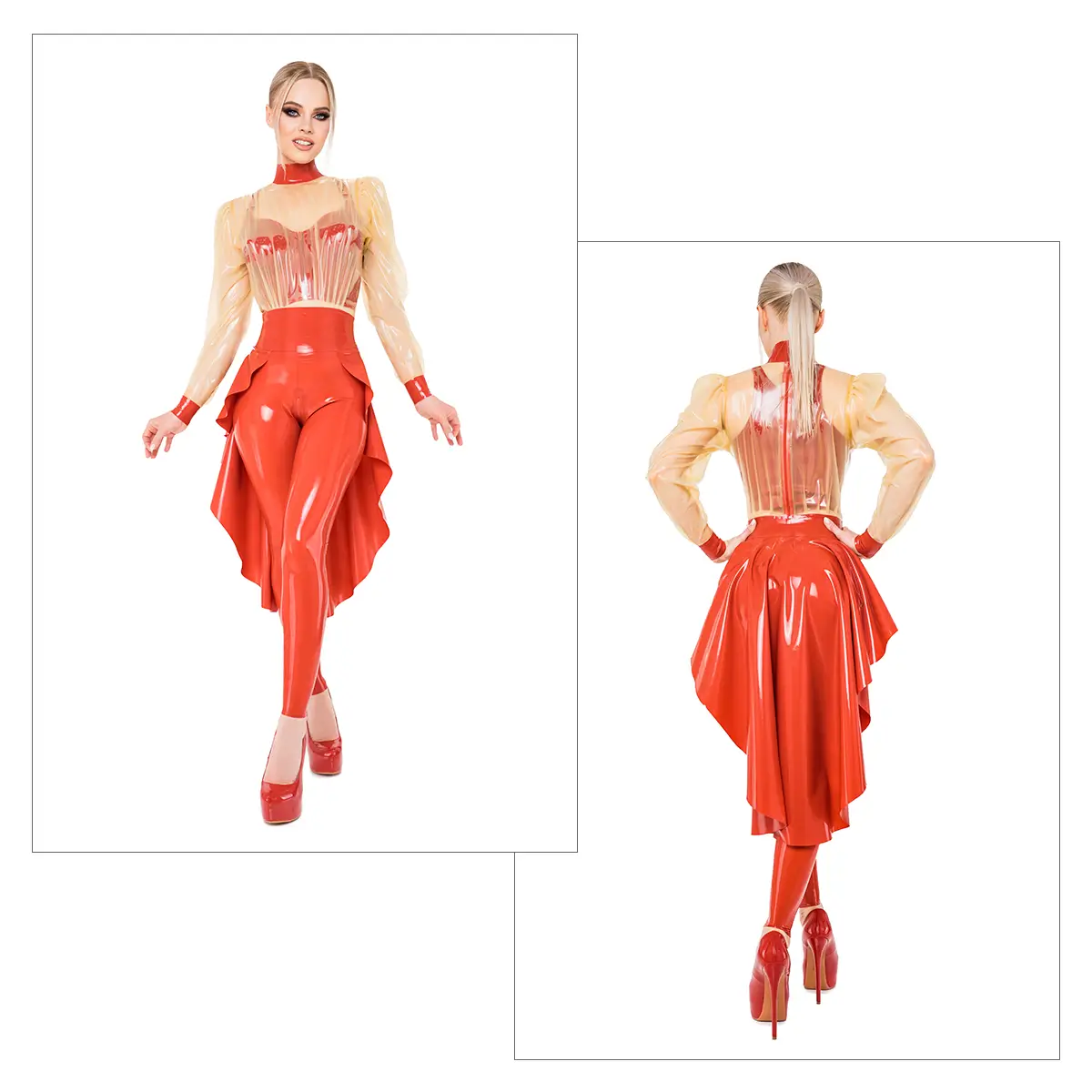 Eine Frau trägt einen roten Latex Catsuit mit transparenten Blusenteil in Kombination mit einer roten Latex Schleppe und roten High Heels, von vorne und von hinten gesehen.
