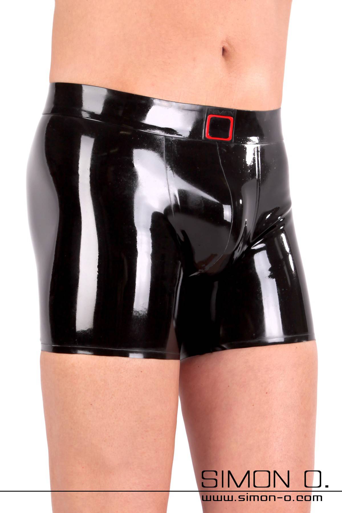 Schwarze Latex Shorts für Herren Schwarze glänzende Latex Shorts für Herren mit Simon O. Logo am Bund