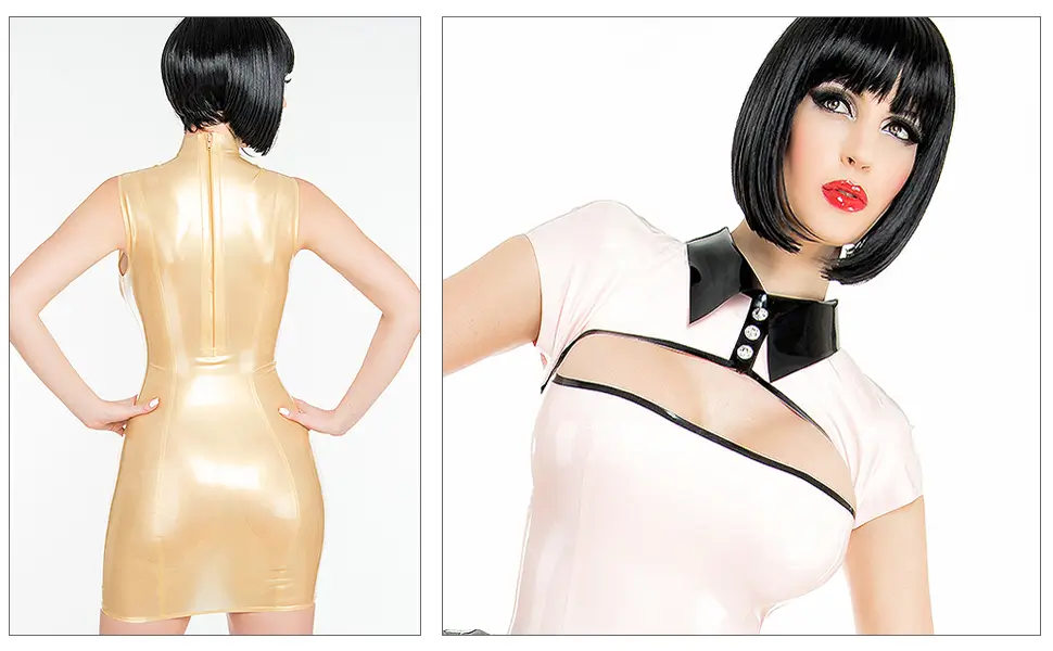 Two images of a woman in a latex dress; on the left is the golden back with fastening details, on the right the pale pink front with black collar and bob hairstyle.