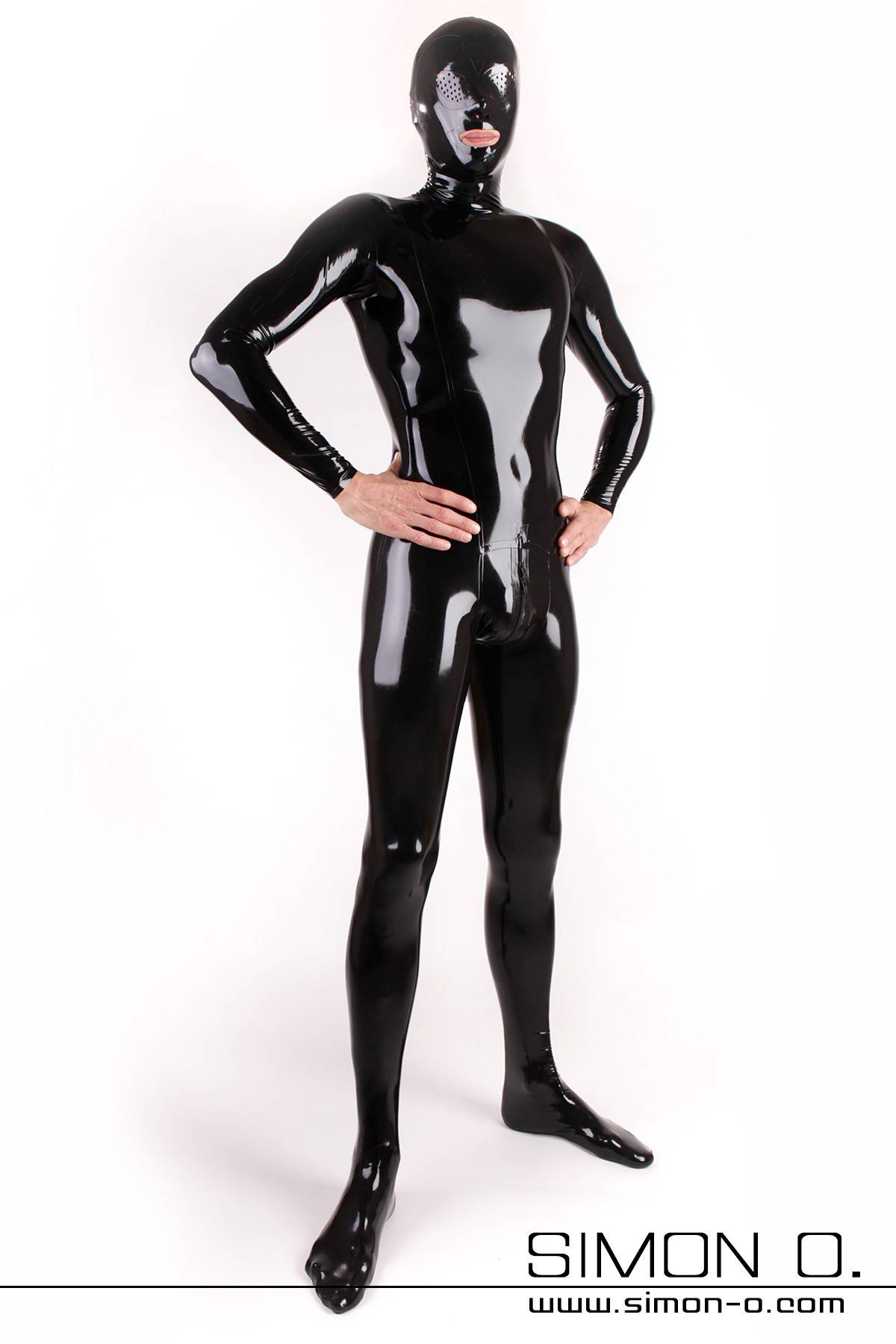 Latex zentai catsuit zip at the crotch Skin-tight latex zentai catsuit for men with sock mask and zip at the crotch