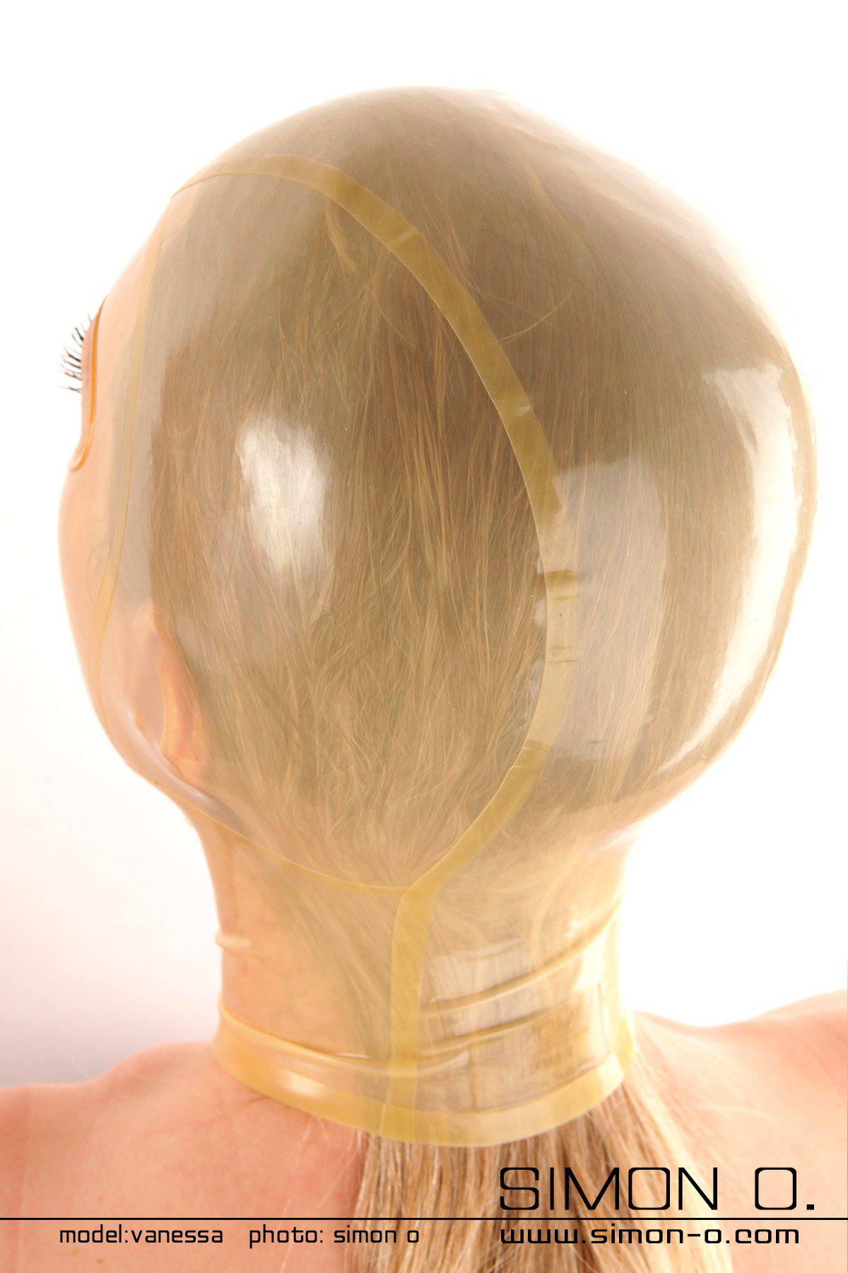 Transparente Latex Maske Transparente Latex Maske mit umrandeten Augen und Mund von hinten ohne Zipp