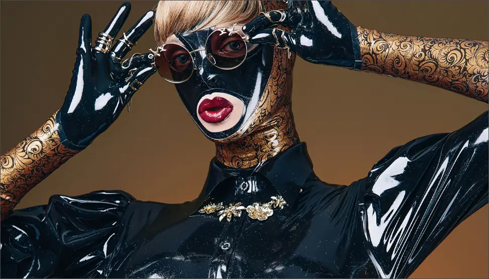 Latex Fashion wetlook fashion A person in a shiny black and gold bodysuit, black latex gloves, ornate jewellery and sunglasses assumes a wet-look fashion pose with her hands in front of her face against a brown background.