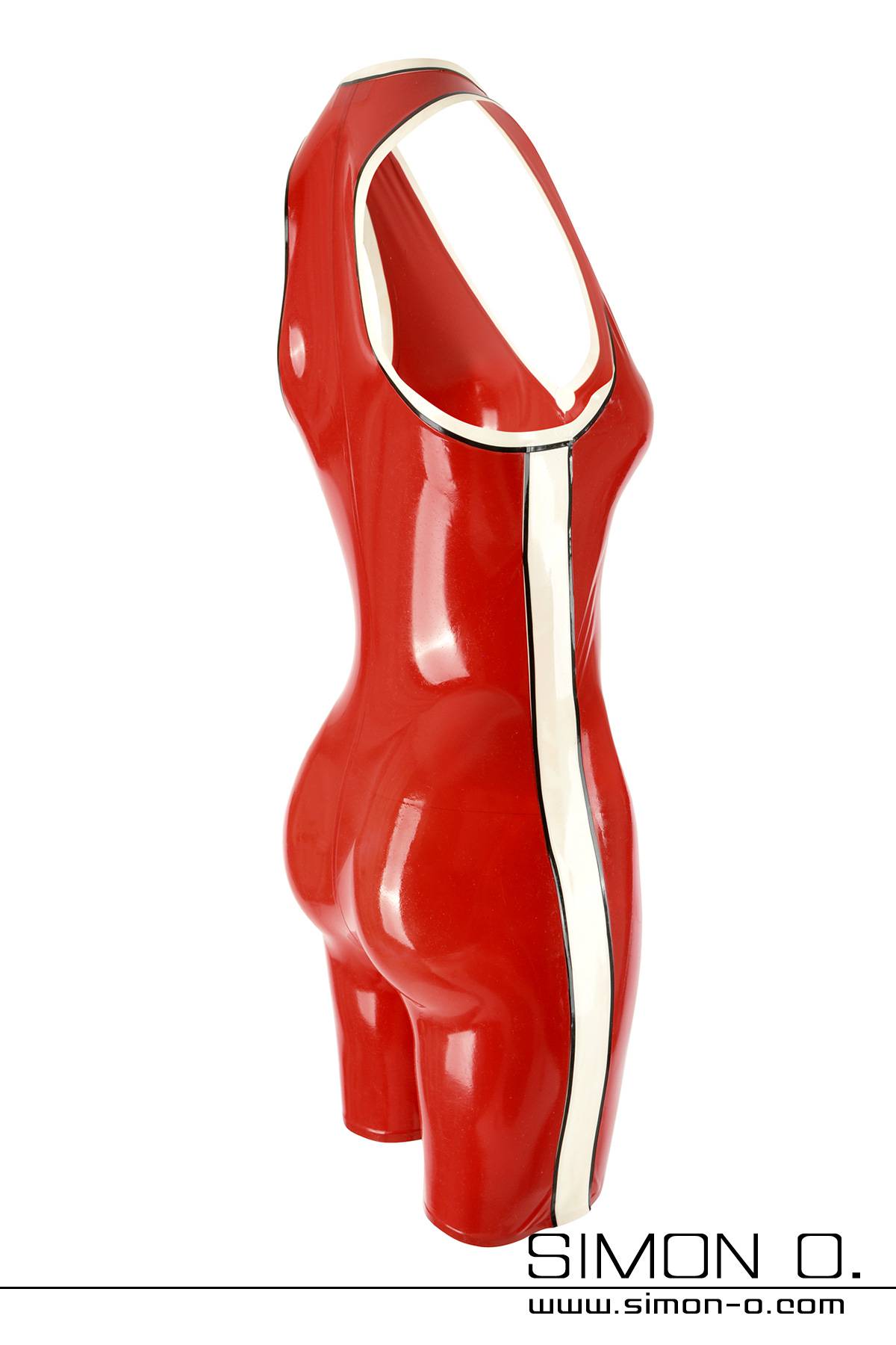 Damen Latex Body in Rot Damen Latex Body in Rot mit farblich abgesetzten Streifen in Weiß mit Schwarz von der Seite gesehen