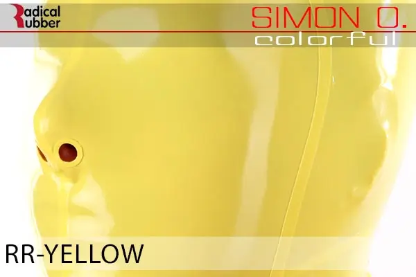 Yellow Latex Farbmuster Yellow für Latexkleidung. Nahaufnahme einer Latexmaske. Der Text lautet „Radical Rubber“ und „Simon O. Colourful RR-Yellow“.
