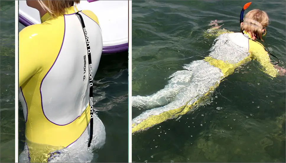 Zwei Bilder zeigen eine Person in einem gelb-weißen Latex-Catsuit mit Schnorchel, die links am Wasser steht und rechts mit dem Gesicht nach unten im Wasser schwimmt.
