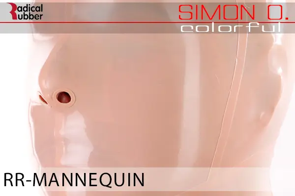Mannequin Latex Farbmuster Mannequin für Latexkleidung. Nahaufnahme einer Latexmaske. Der Text lautet „Radical Rubber“ und „Simon O. Colourful RR-Mannequin“.