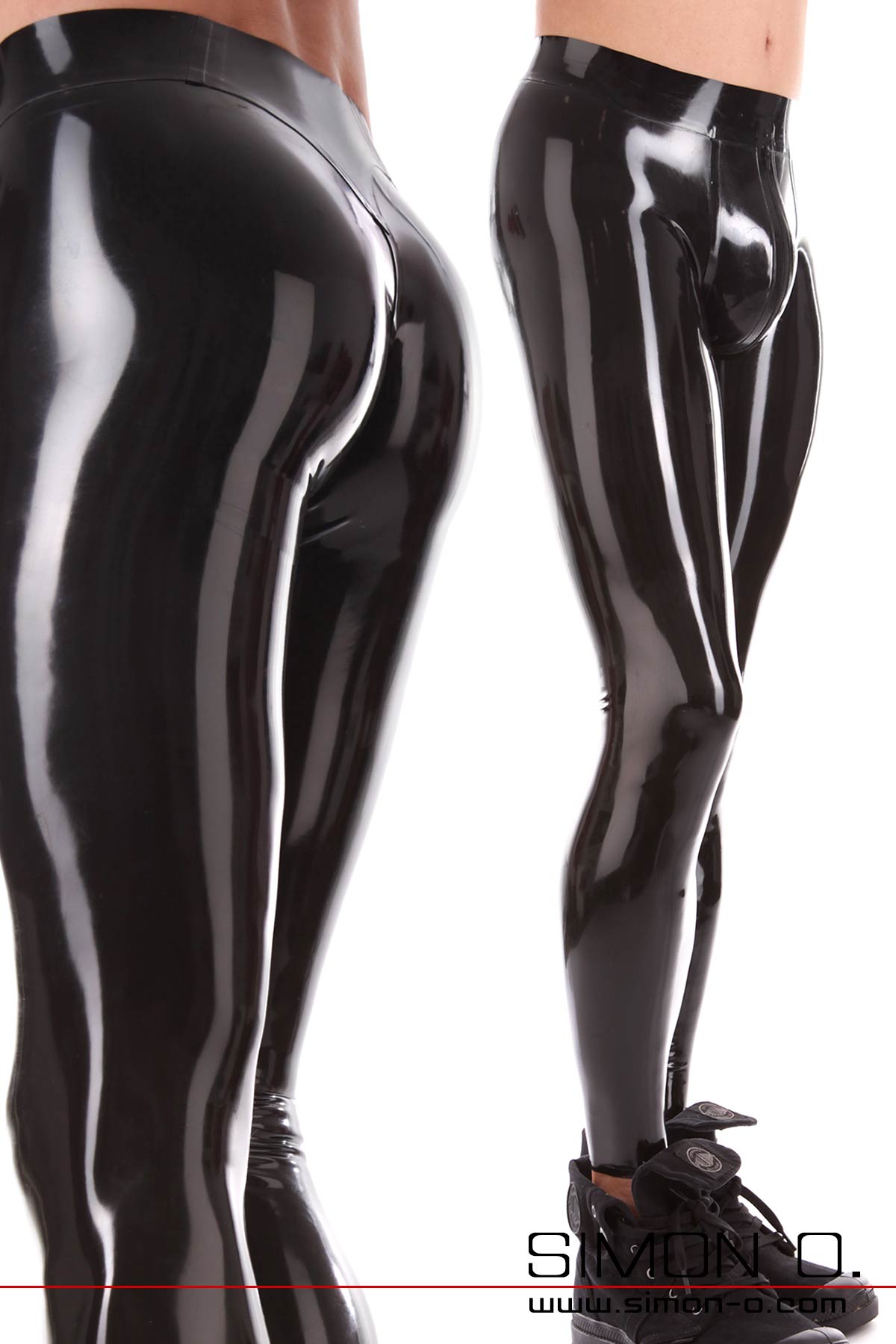 Schwarze Latex Leggings mit Zipp im Schritt Hautenge schwarze glänzende Latex Leggings für Herren mit ausgeformten Genitalbereich und Zipp im Schritt.