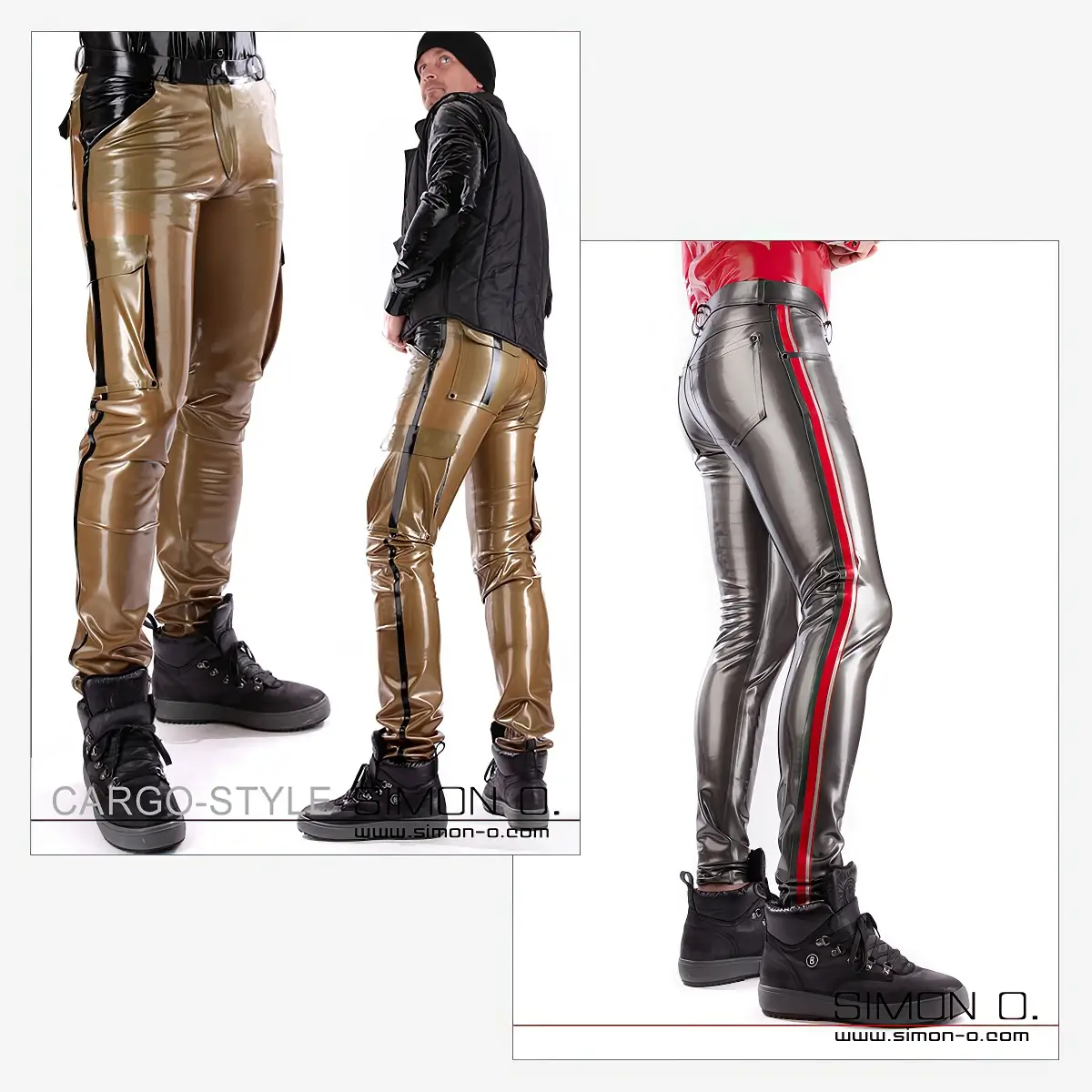 Glänzende Latexhosen im Cargo-Stil und Latex Jeans mit schwarzen Schuhen; ein Paar ist golden, das andere grau mit einem roten Streifen.