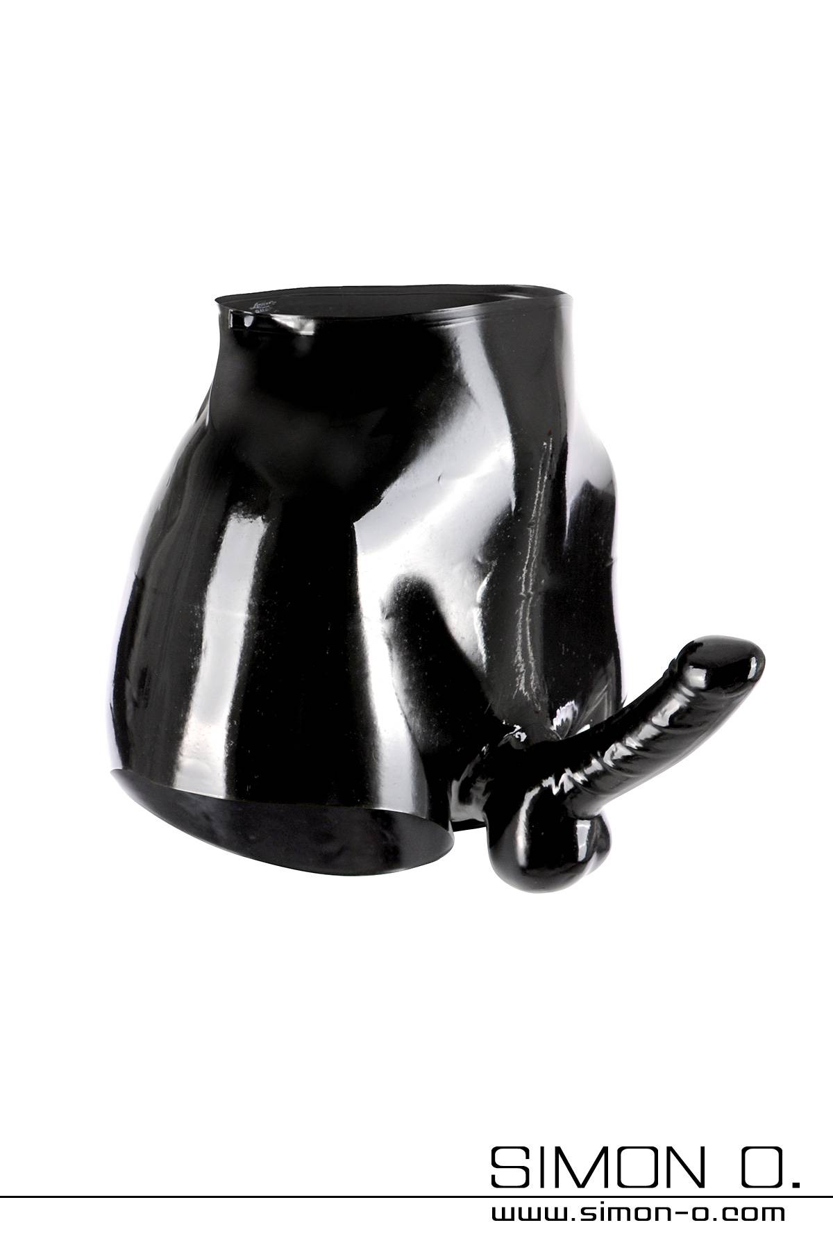 Latex Strap on Pant mit Penis Schwarze Latex Short mit einem vorne angebrachten Dildo mit der Form eines realistischen Penis mit Hodensack