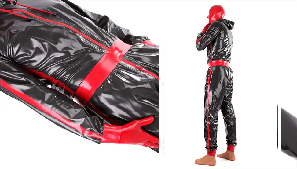 Men's latex catsuit loose One person is wearing a shiny black and red full-body latex catsuit with gloves and hood. The close-up shows the hand pose; the picture on the right shows the full standing pose.