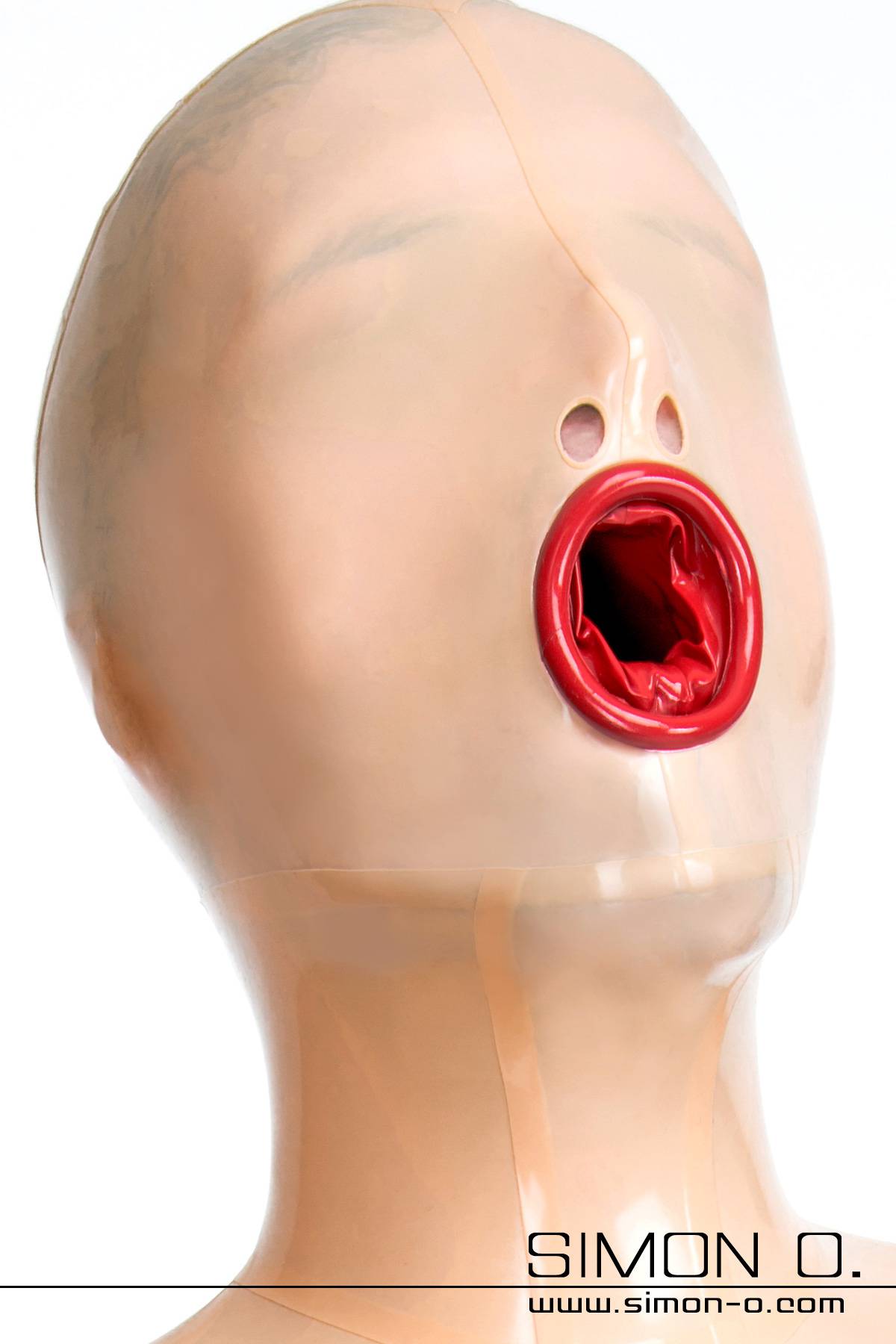 Latex mask with mouth condom A person wearing a skin-colored latex mask. The eyes are closed and the mouth is lined with a red latex condom.