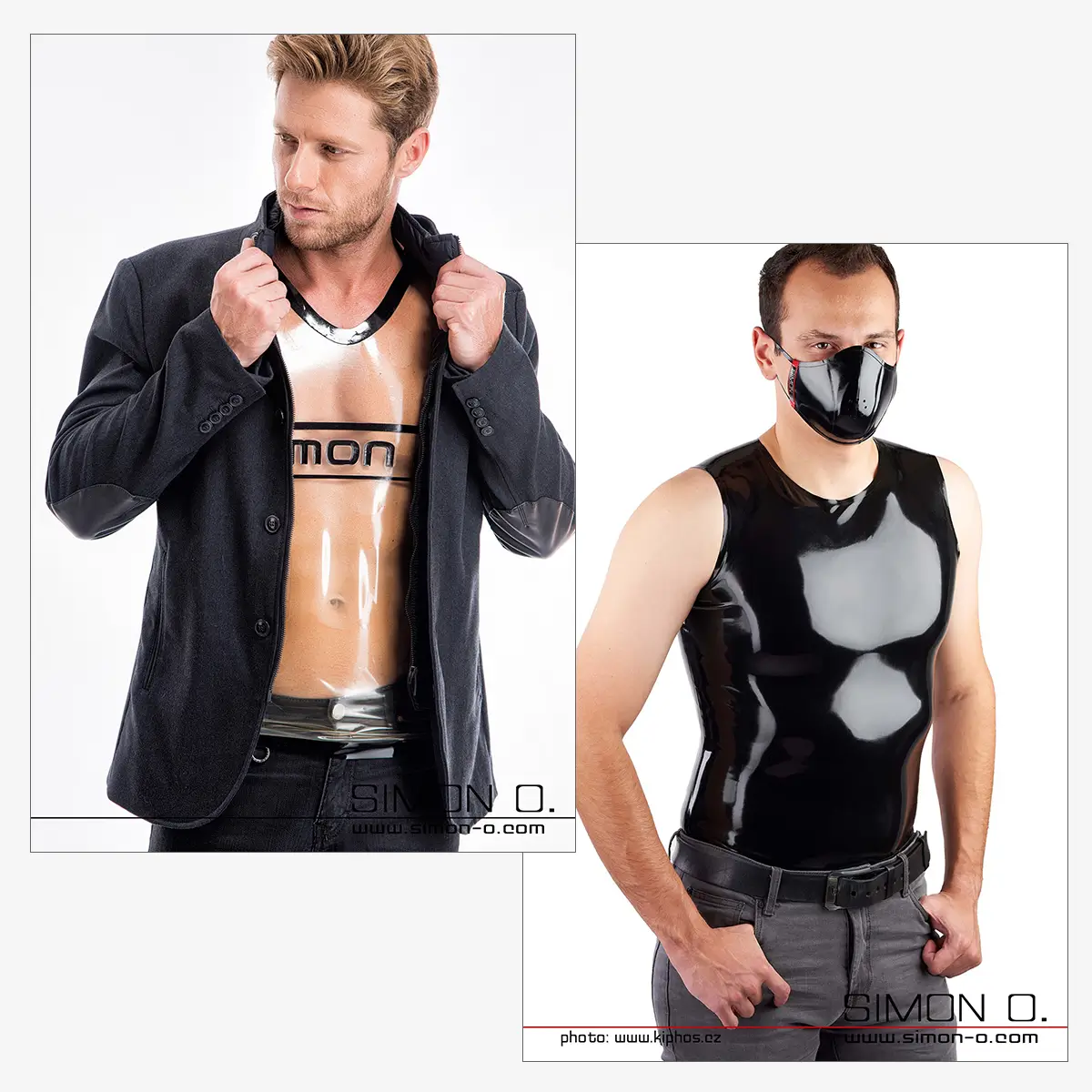 Two men in latex underwear shirts; one wears a jacket over a transparent shirt, while the other combines his sleeveless latex underwear with a mask and grey trousers.