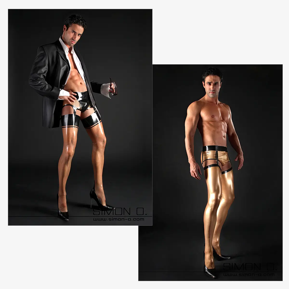 Two pictures of a man in golden latex stockings, a black garter belt and high heels; in one shot he shows a daring latex underwear style with a smart blazer, shirt and tie.