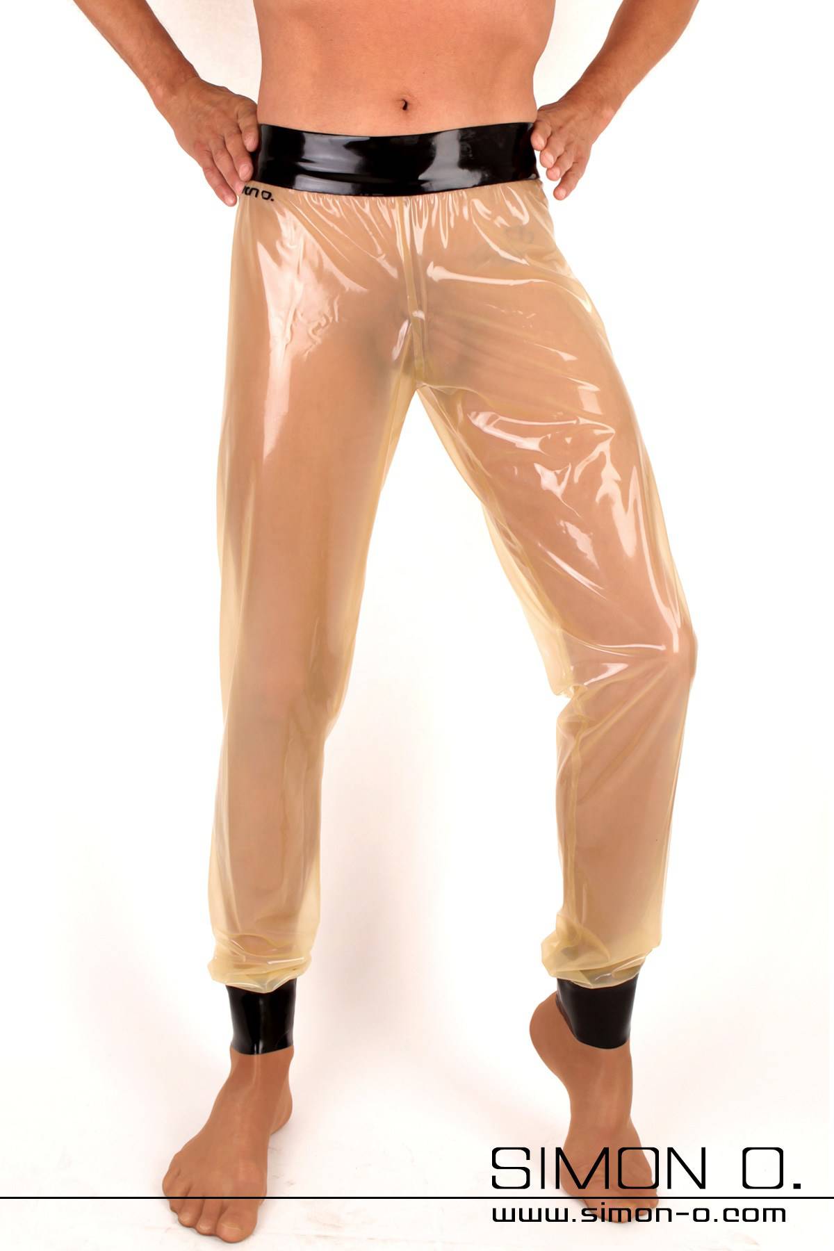 Weite Latex Hose für Herren Weite Latex Hose in Transparent mit schwarzen Bund und Beinabschluss