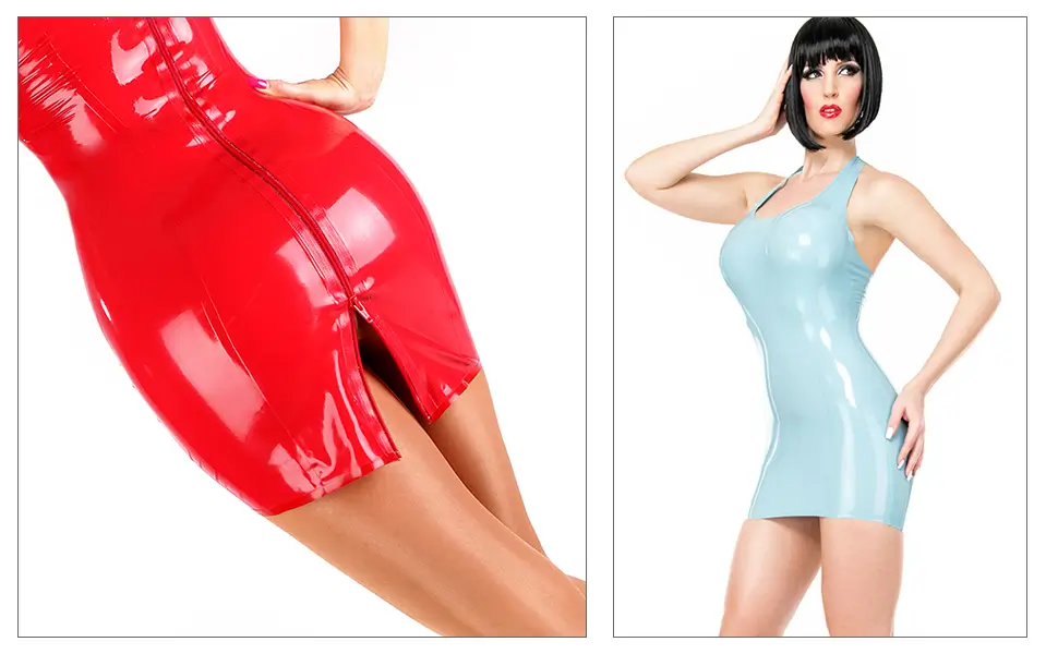 Kurze Latexkleider für Einsteiger Links: Frau in einem hellblauen Latexkleid mit kurzen schwarzen Haaren. Rechts: Nahaufnahme einer Person, die ein rotes Latexkleid mit Reißverschluss und Schlitz auf der Rückseite trägt.