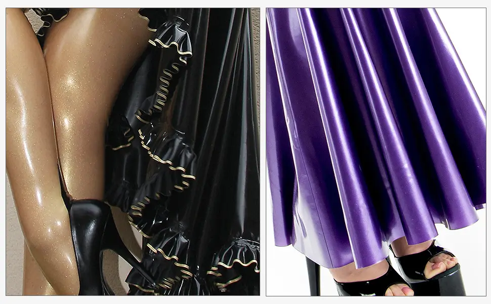 Latex Rock Verarbeitung Zwei Personen in glänzenden Latex Röcken; die linke trägt einen schwarzen, gerüschten Latexrock mit goldenen Strümpfen, während die rechte einen lila Rock trägt.