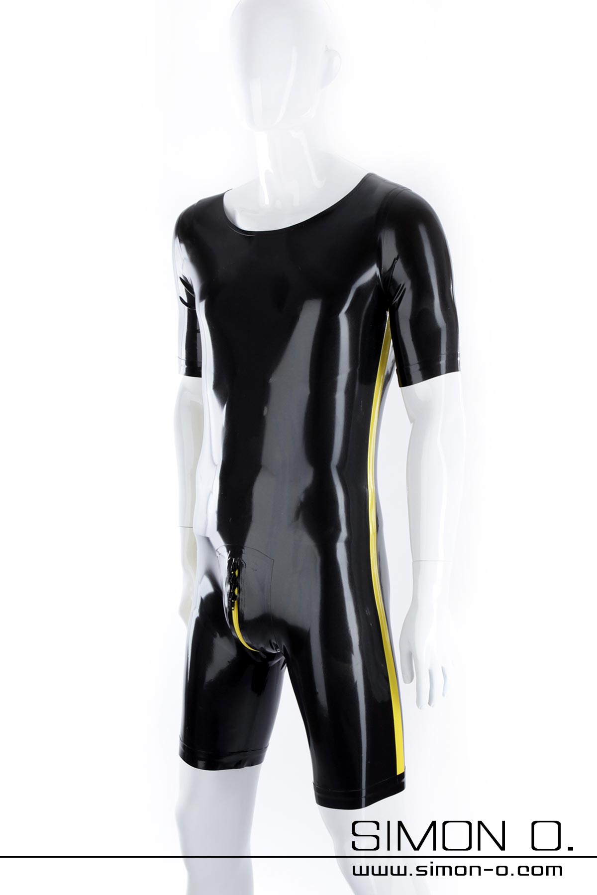 Latex Bodysuit kurzarm Schwarzer Latex Bodysuit mit kurzen Armen und gelben Zipp und gelben seitlichen Streifen
