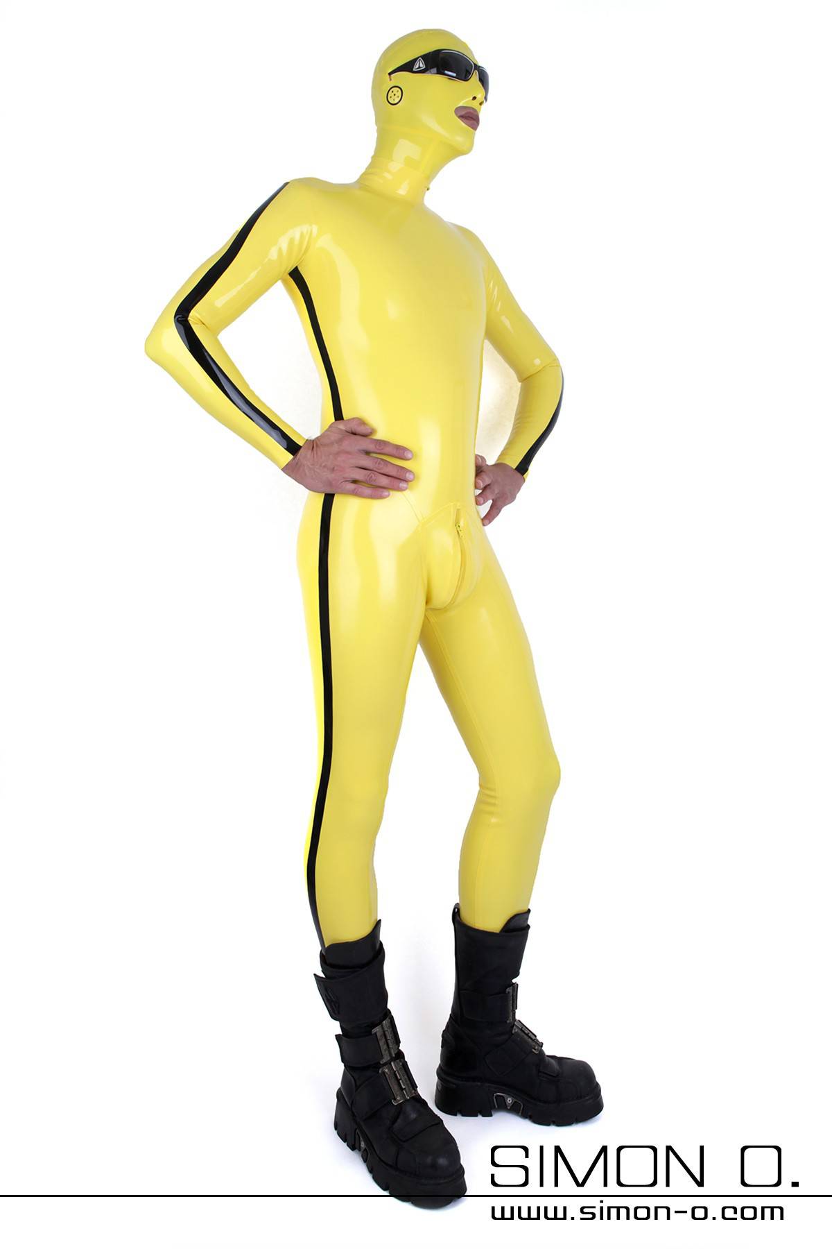 Latexanzug for men with Hanky Code Yellow Latexanzug with mask for men with Hanky Code black stripe