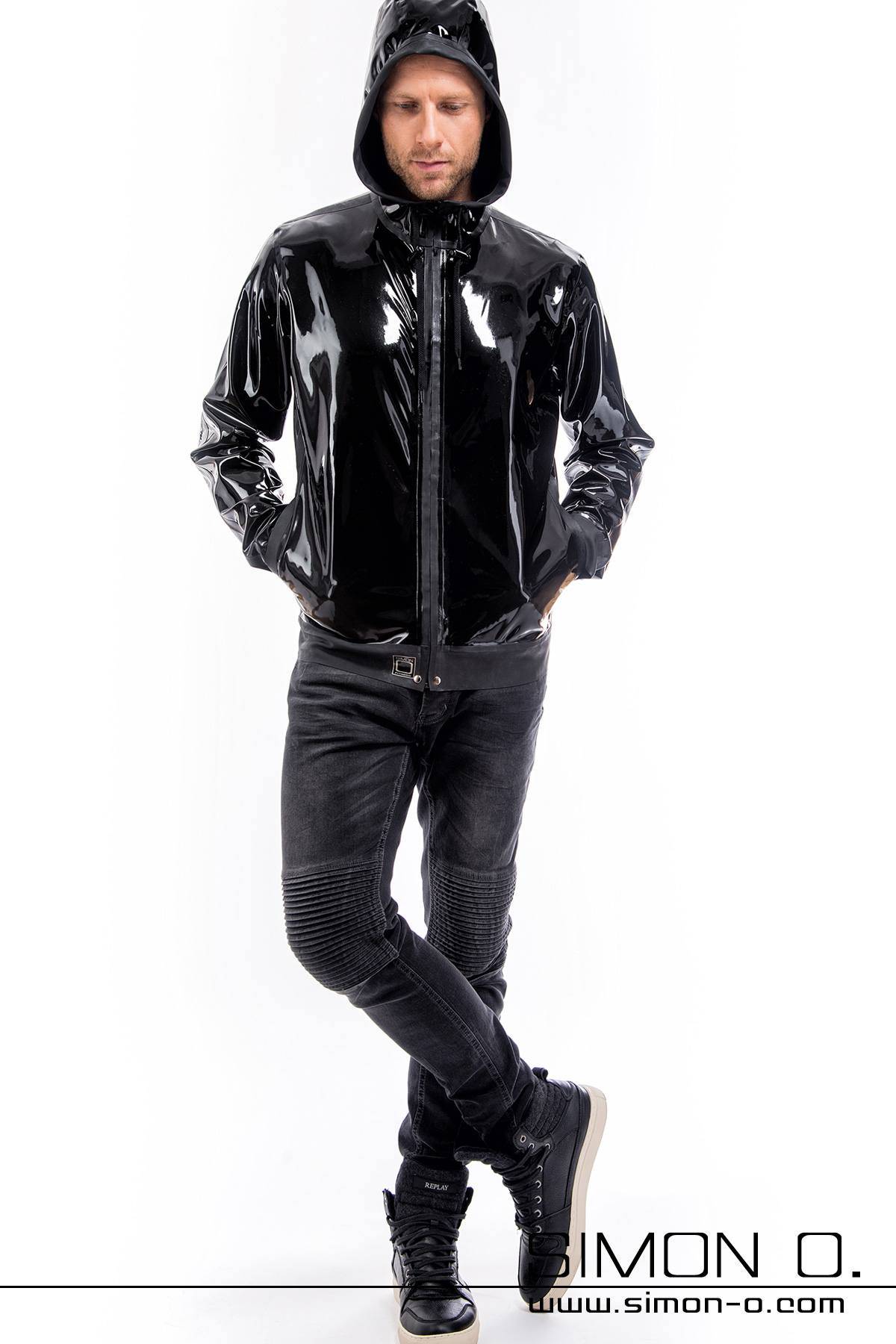 Shiny latex tracksuit jacket with hood in black A man wears a latex jacket with hood in black