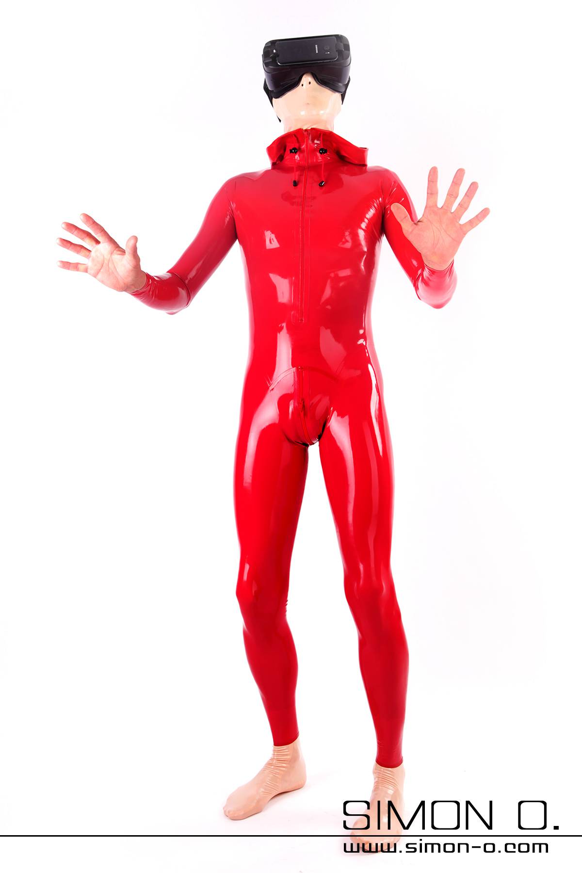 Roter Kapuzen Latex Anzug Nass glänzender roter Kapuzen Latex Anzug mit hautenger Passform und einem Schritt Zipp
