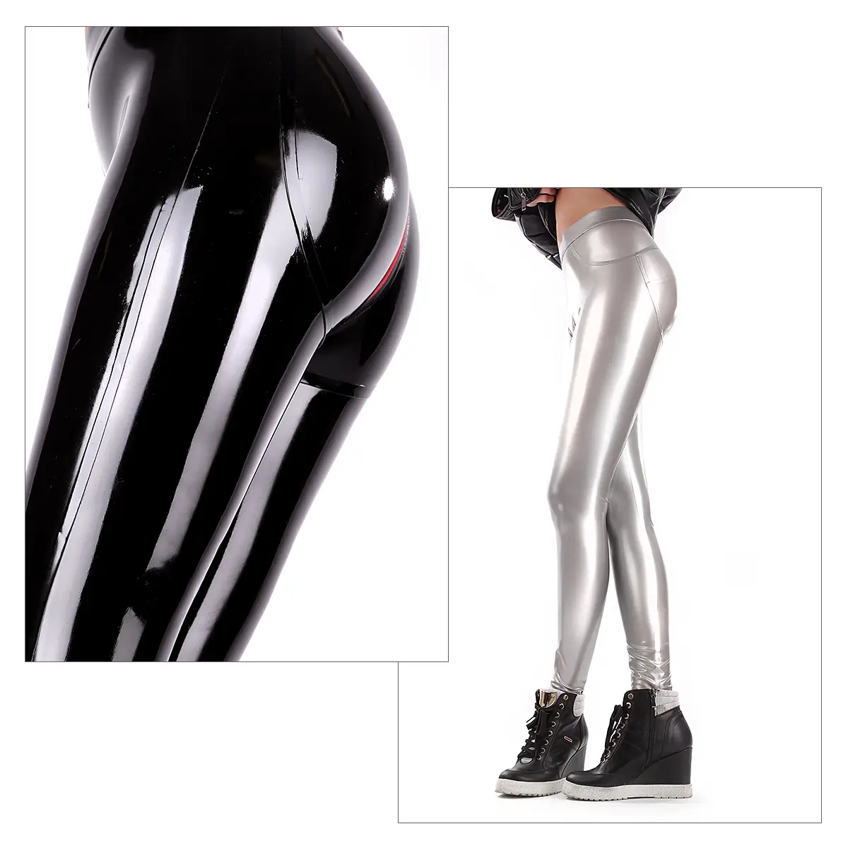 Shiny wetlook latex leggings Close-up of a person in wet-look latex leggings on the left, next to another in metallic silver leggings and black platform shoes on the right.