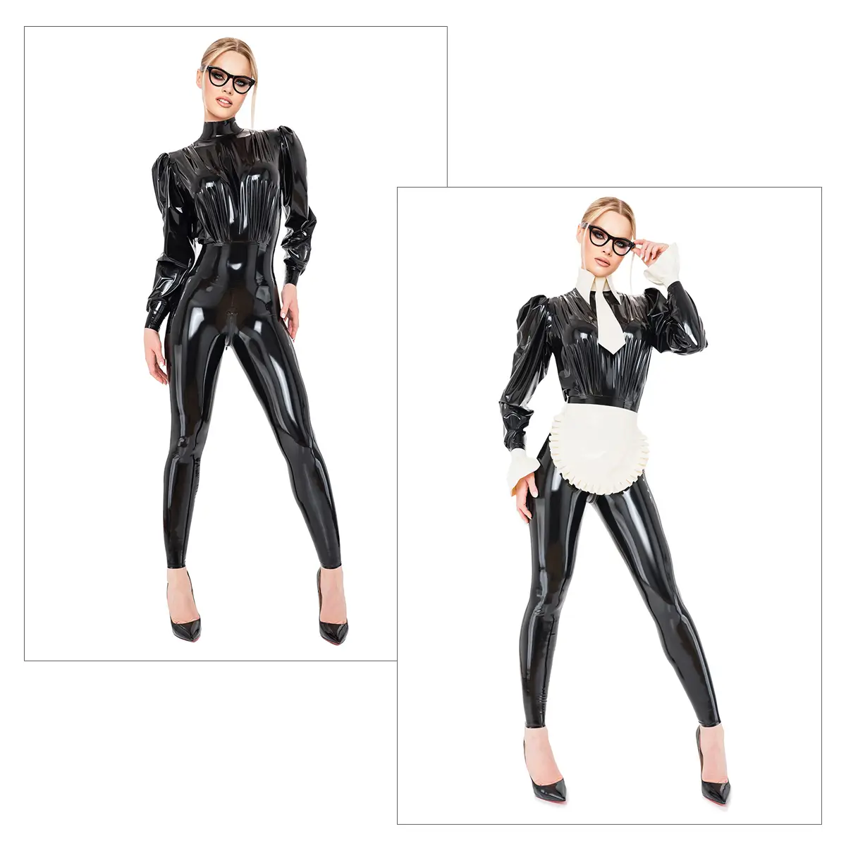 Latex Catsuit in Schwarz einmal ohne Accessoires und einmal mit diversen Latex Zubehör