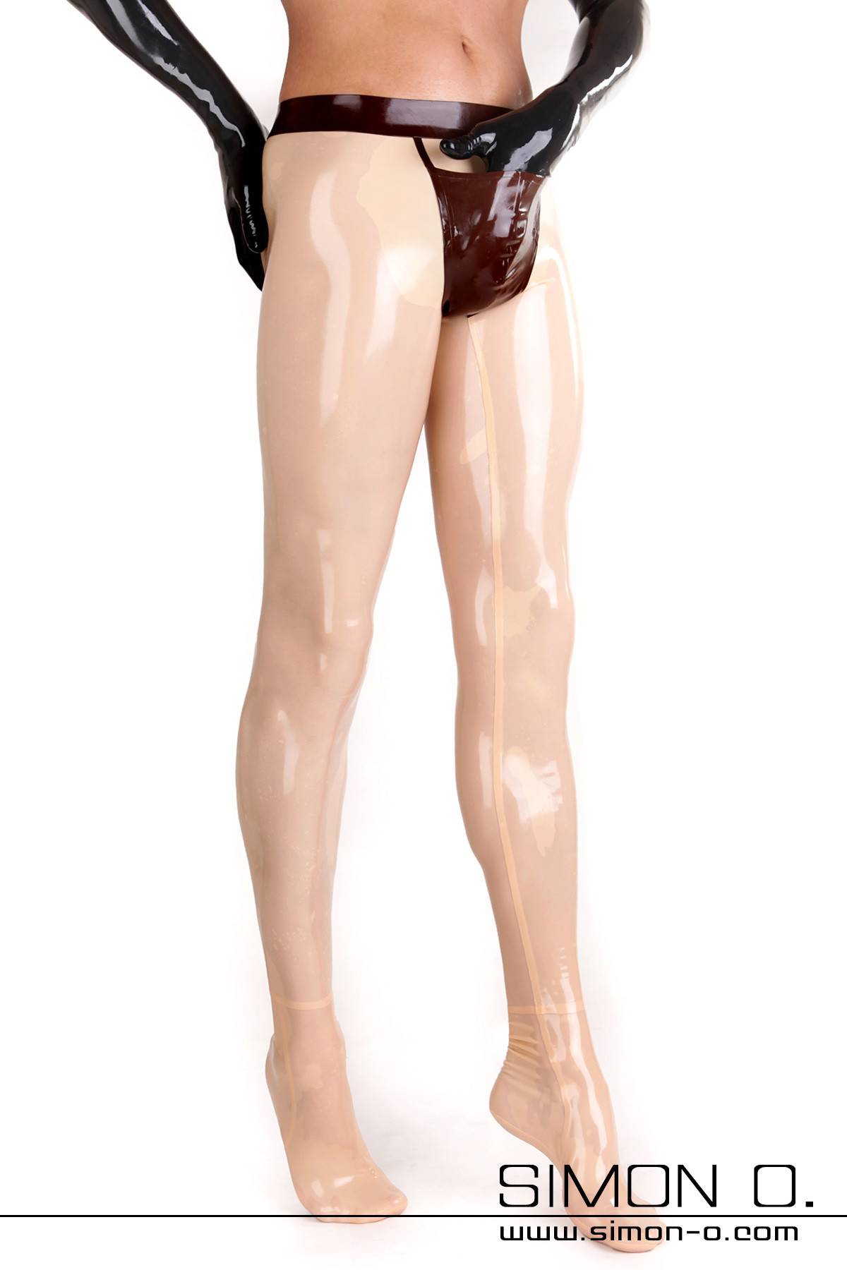 Men's Latex Pantyhose with Fly Opening A man wears shiny skin-coloured latex tights with a contrasting waistband and an opening in the genital area seen from the front.
