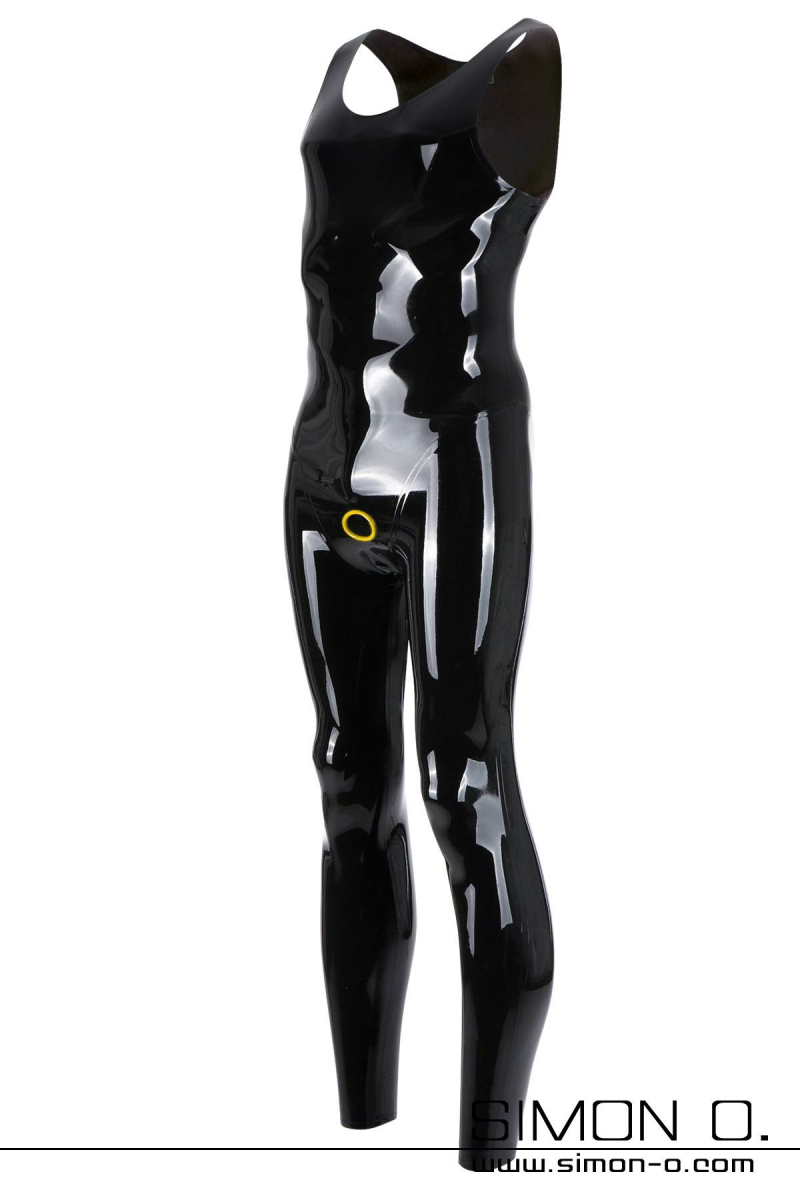 Latex catsuit in black with cock ring A black, shiny, sleeveless latex catsuit with a yellow cockring detail at the crotch, presented upright.