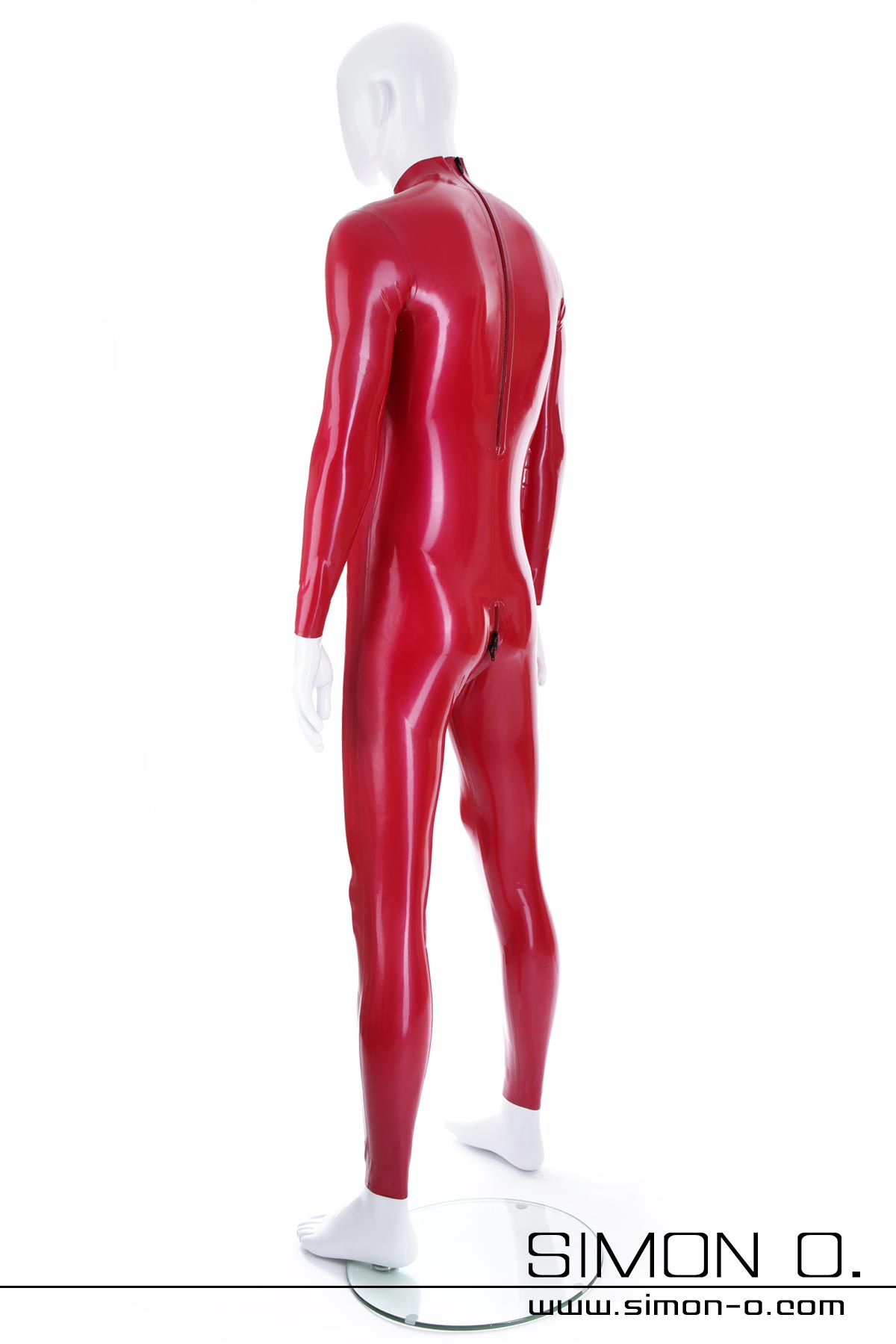 Latex catsuit with codpiece Latex catsuit in red with codpiece and zip seen from behind