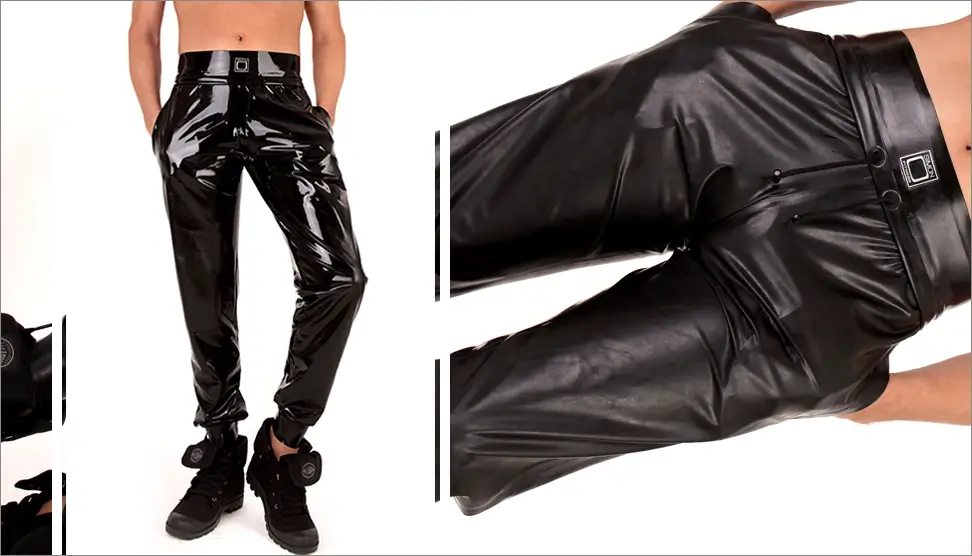 A person wears chlorinated latex trousers. The difference between matt and shiny chlorinated latex is shown.