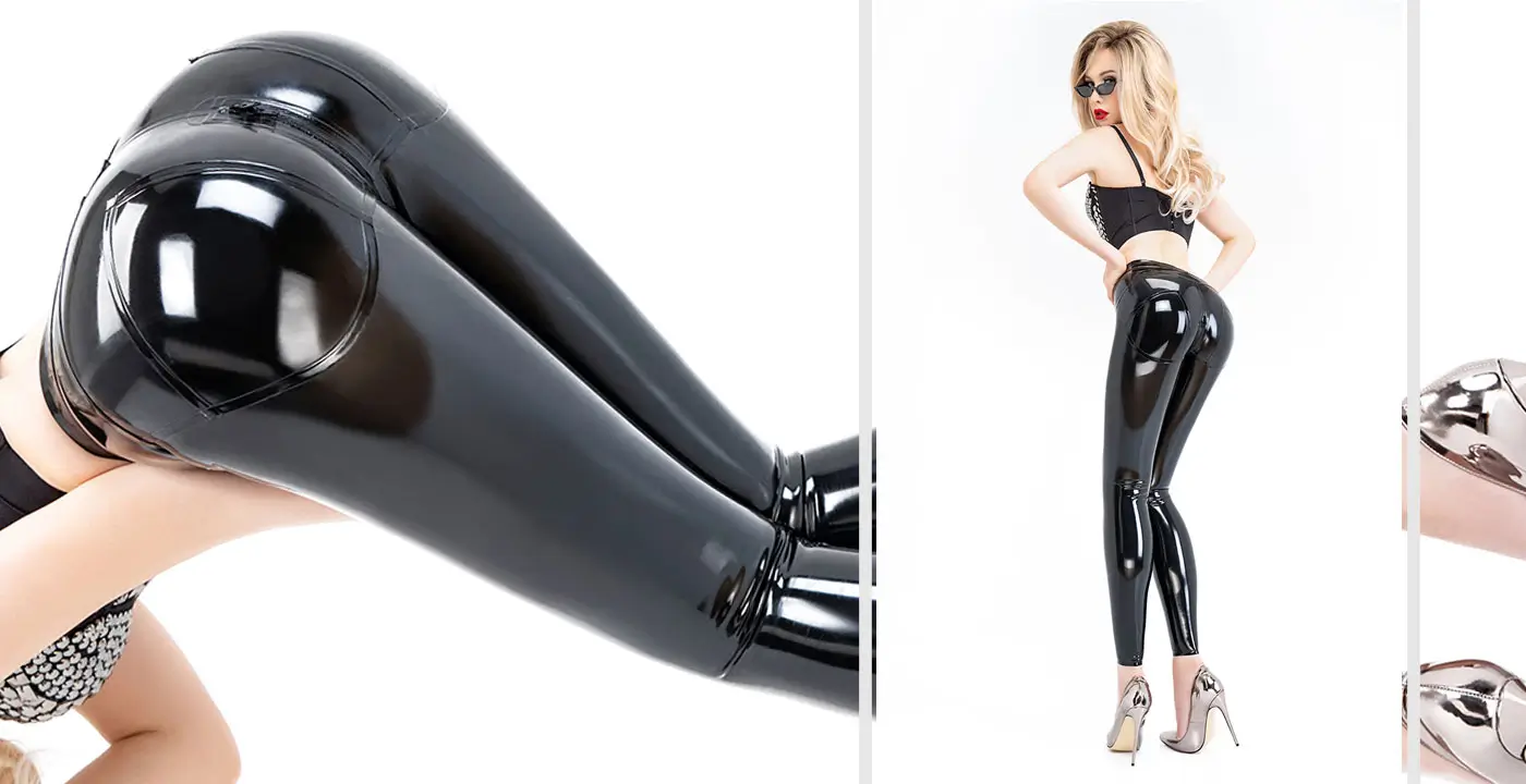 Latex leggings combined with textile clothing A woman in stylish black latex leggings and high heels poses in a studio. Shots emphasize her curves from behind and a close-up of her legs.