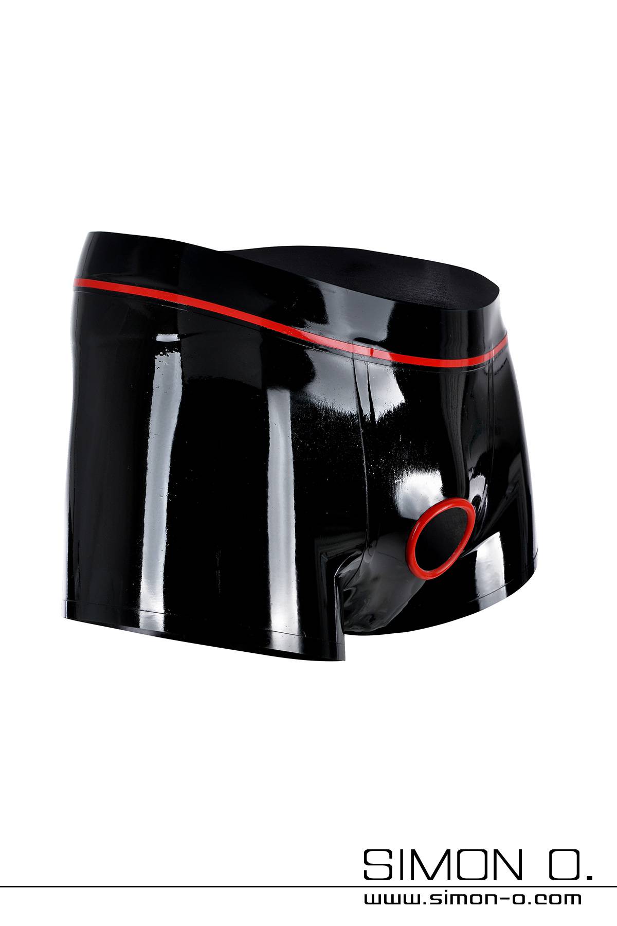 Latex Shorts in black with Cock Ring A black shiny latex shorts with a red penis ring