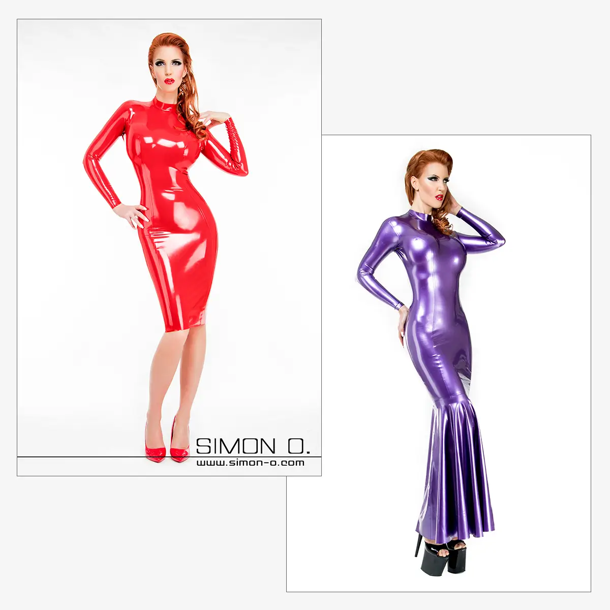 Elegante Latex Kleider Eine Frau mit roten Haaren posiert in einem glänzenden roten Latexkleid und einem elegant en bodenlangen lila Latexkleid, beide vor einem weißen Hintergrund.