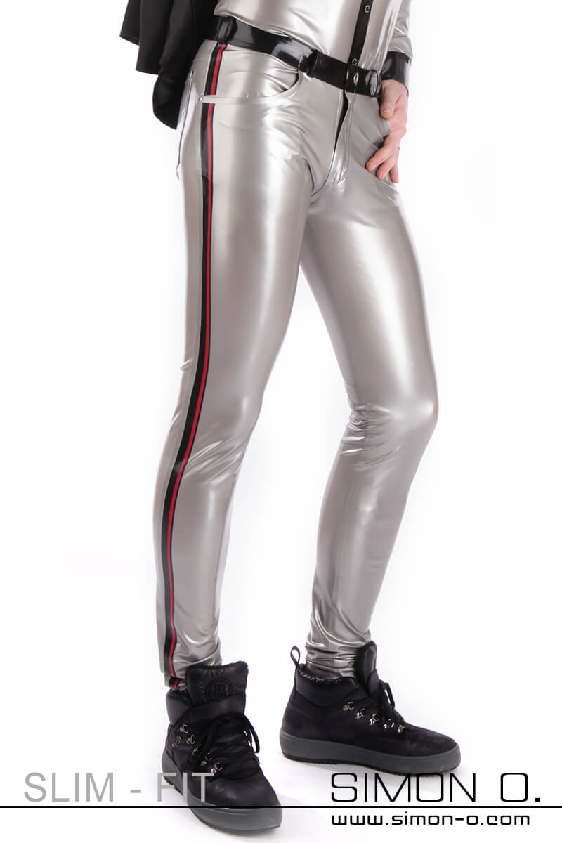 Tight latex trousers for men Tight latex trousers for men with contrasting coloured side stripes. Shiny surface in silver