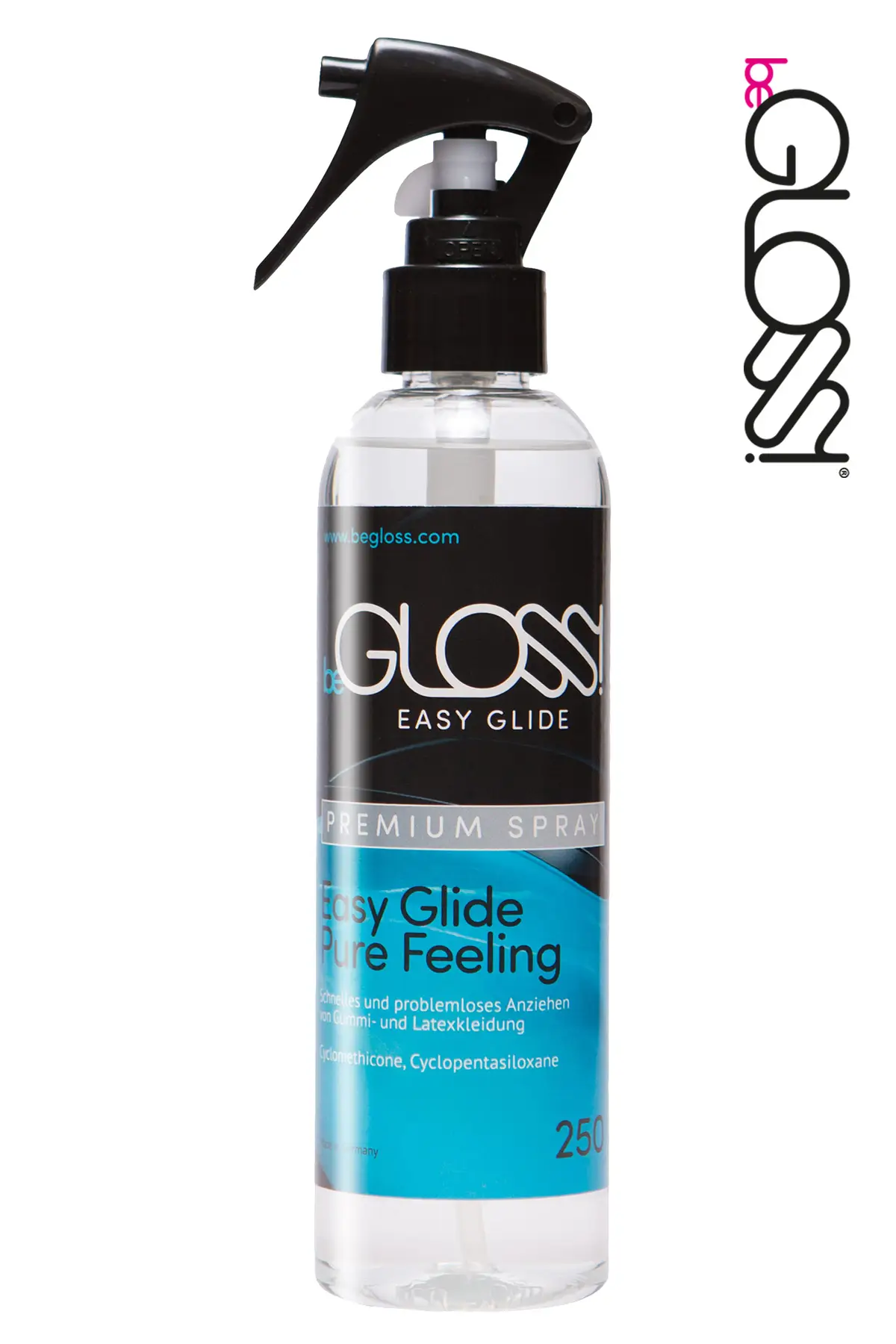Aide à l'enfilage en latex beGloss en flacon-pompe vaporisateur de 250 ml Flacon pompe spray de 250 ml d'huile de silicone pour aider à l'habillage des vêtements en latex de beGloss