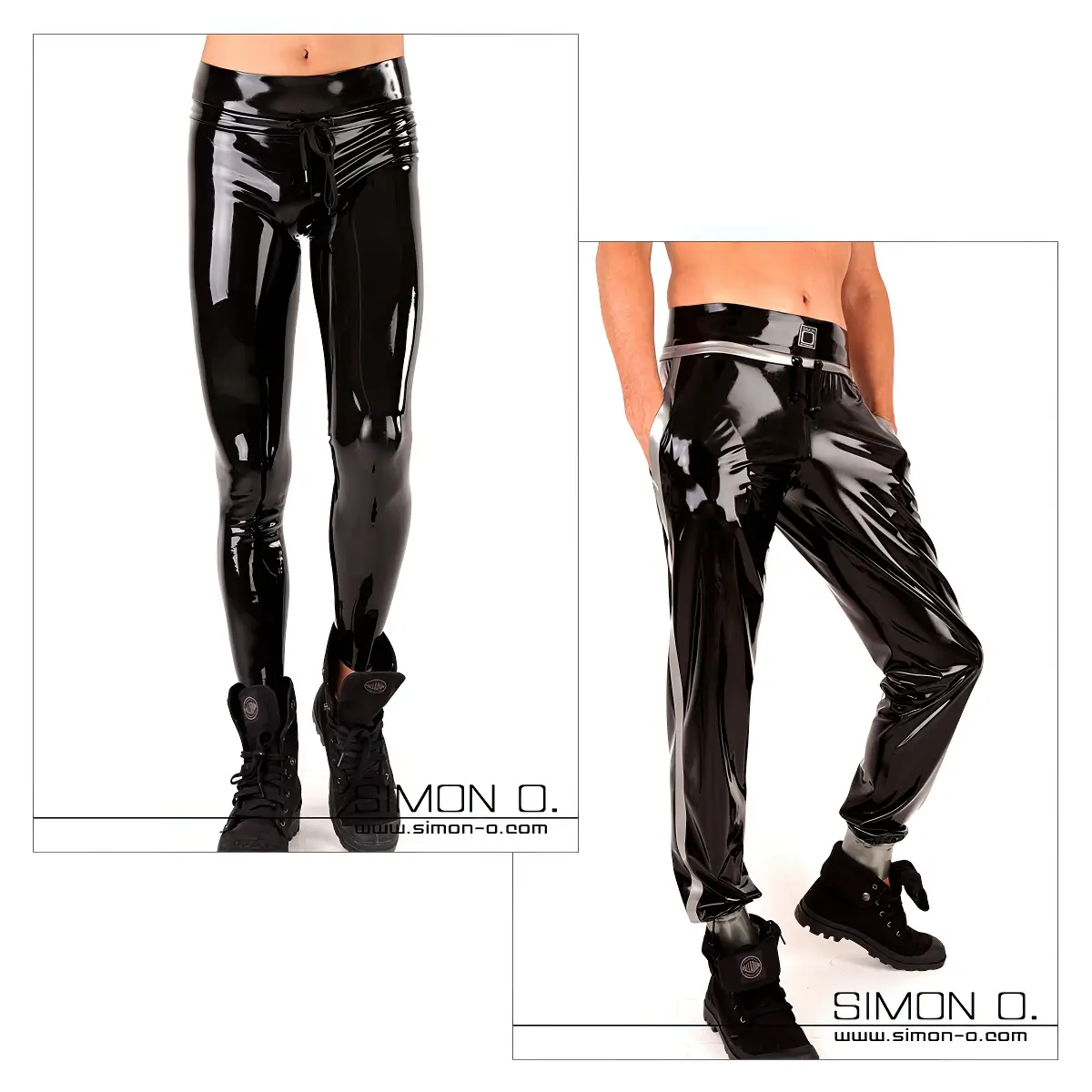 Zwei Personen präsentieren sportliche Latexhosen: eine in glänzenden schwarzen Leggings, die andere in gerade geschnittenen Hosen mit Gürtel – beide kombiniert mit schwarzen Schuhen vor weißem Hintergrund.