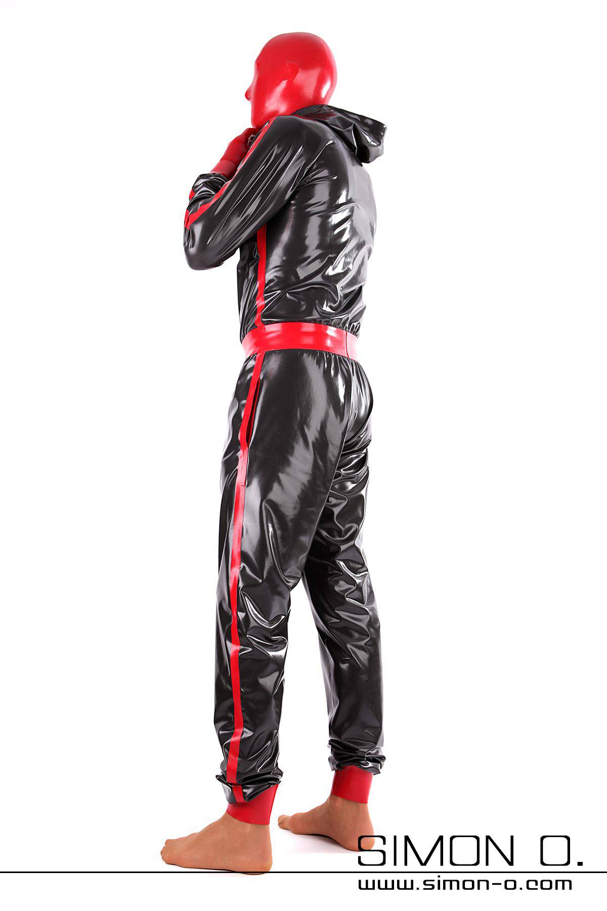 Men's Latexanzug in dark grey combined with red A shiny Latexasuit with hood and pockets for men in dark grey combined with red