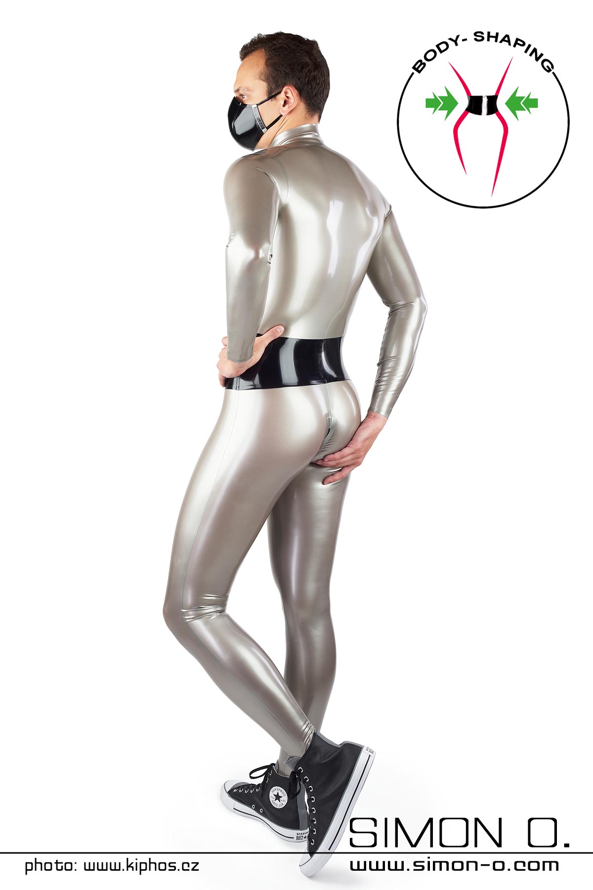 Herren Latex Catsuit in Silber mit Taillengürtel Herren Latex Catsuit in Silber mit Taillengürtel