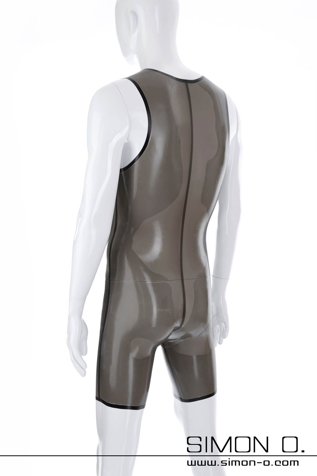 Latex Herren Body in Transarent Schwarz Ärmelloser Herren Latex Surfsuit in schwarz transparent von hinten gesehen.