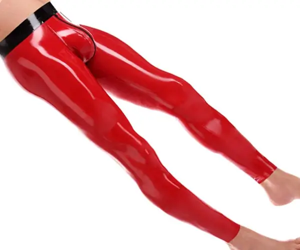 Skin-tight, shiny men's latex leggings in red with a zip at the crotch.