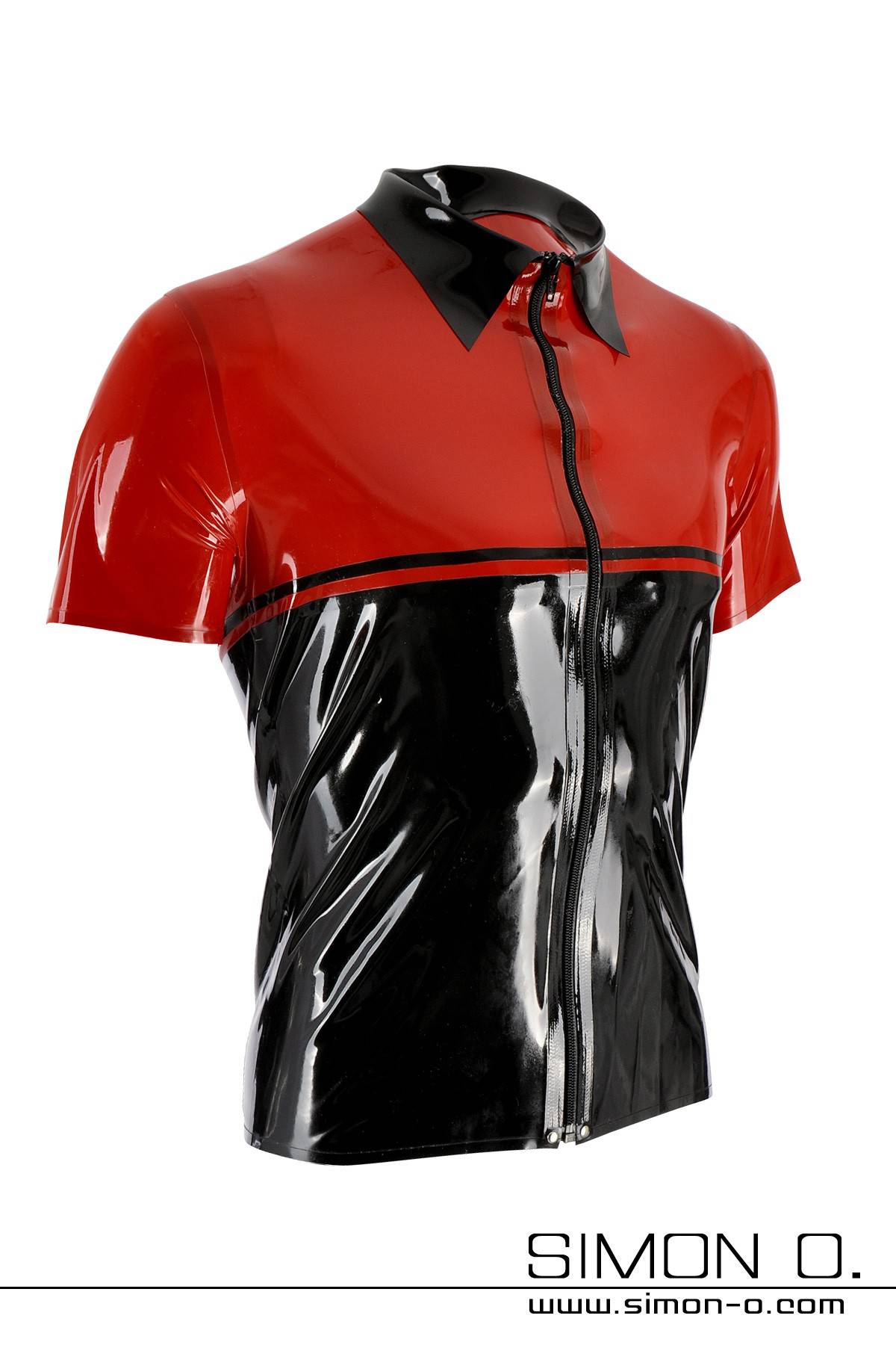 Latex shirt with zipper Latex shirt with lapel collar in the color black with red and divisible black zipper in front