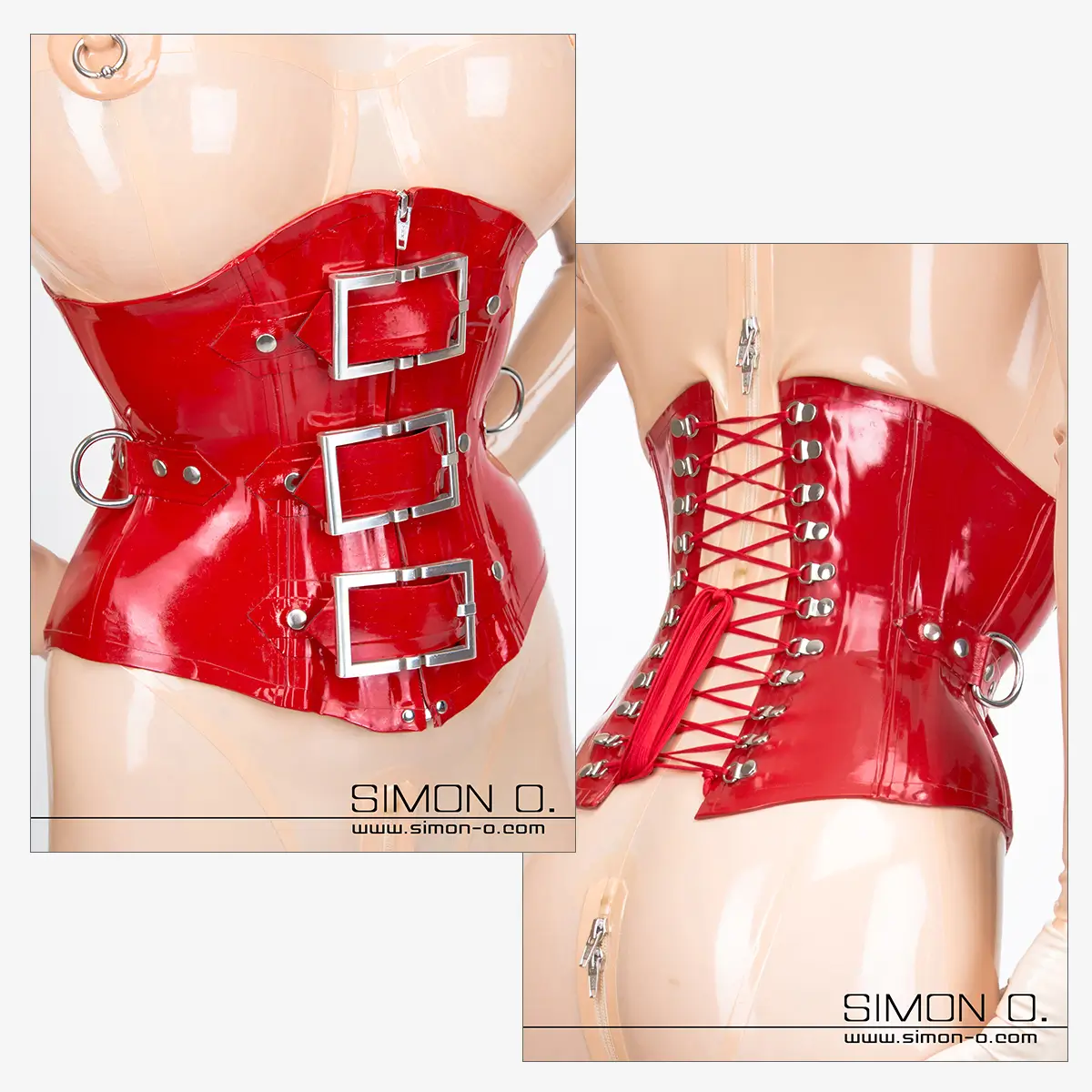 Ein glänzend rotes Latex Korsett mit drei großen Schnallen vorne und einer Schnürung hinten mit Metallösen und Seitenringen von vorne und von hinten gesehen.