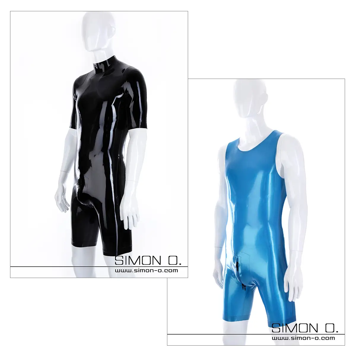 Herren Latex Body und Surfsuit Zwei Schaufensterpuppen zeigen Latex-Körperanzüge: einen in Schwarz mit kurzen Ärmeln und Beinen und einen in glänzendem Blau, ärmellos mit kurzen Beinen, beide auf weißem Hintergrund.