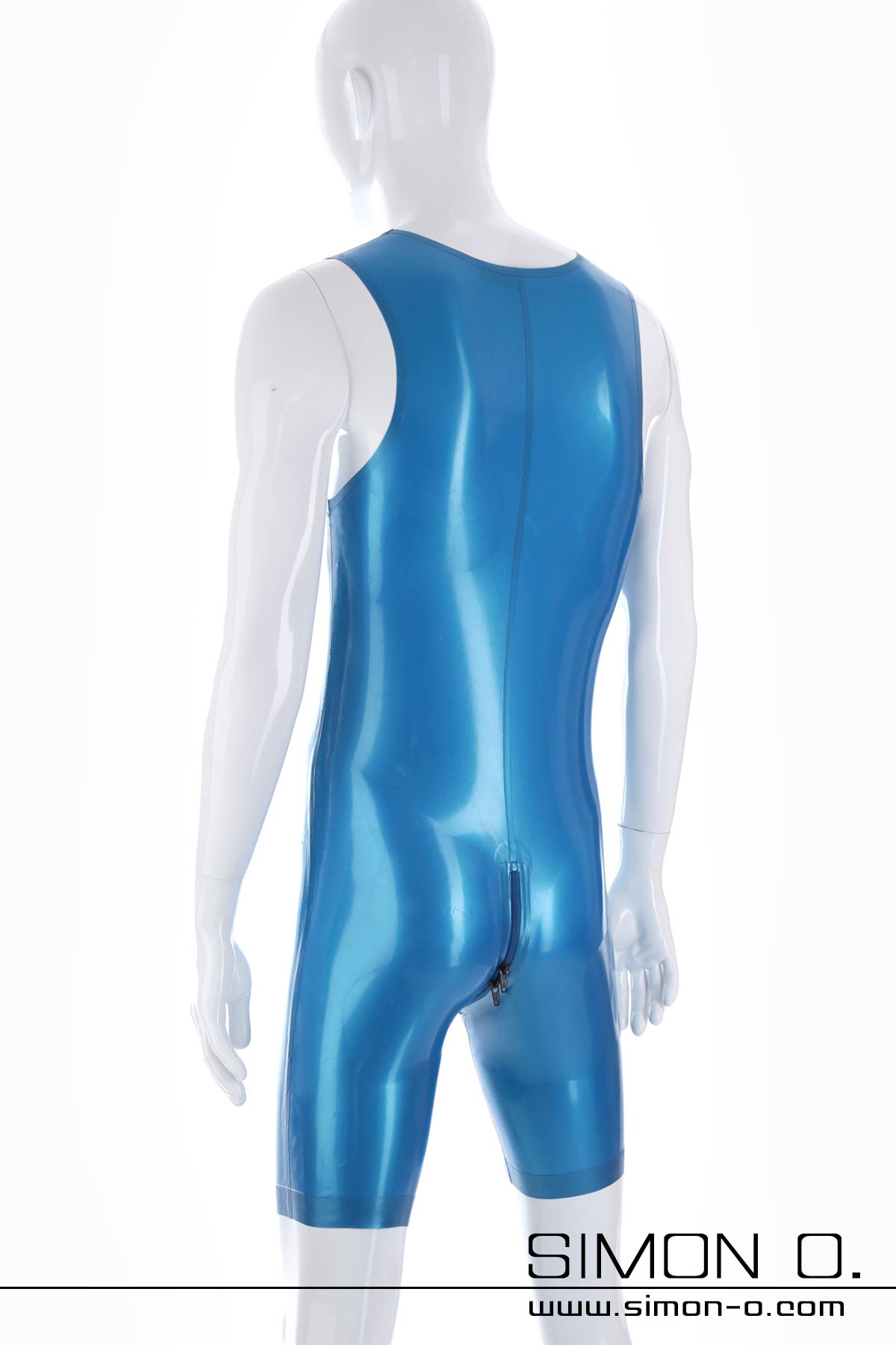Herren Latex Surfsuit Ärmelloser Herren Latex Surfsuit in blau von hinten gesehen